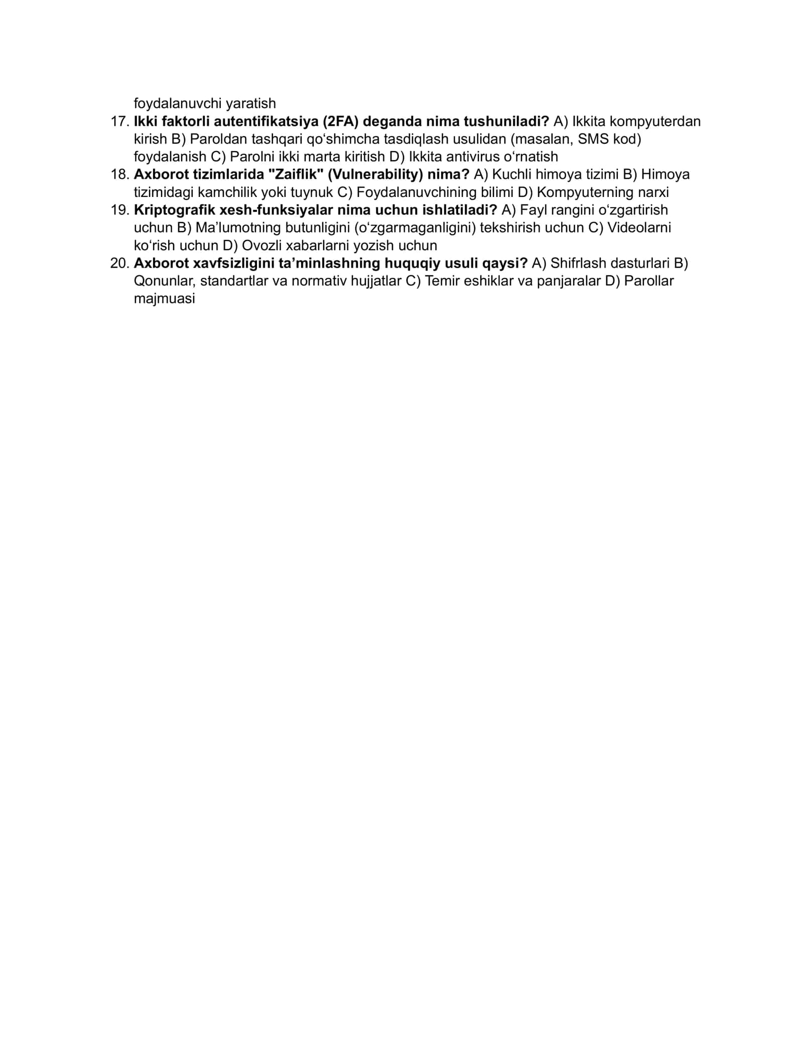 Axborot xavfsizligi fanidan test 2