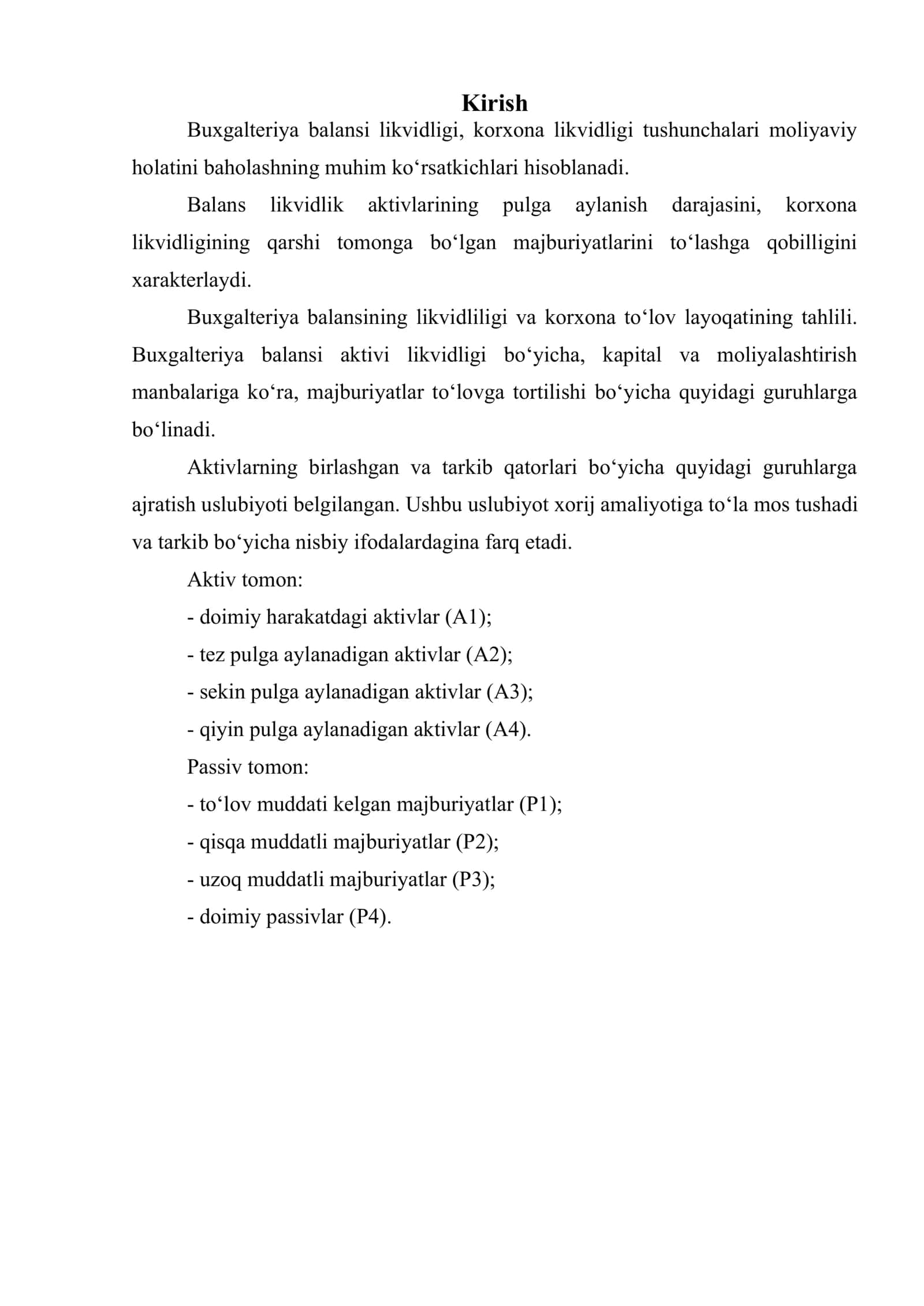 Buxgalteriya balansi moddalarining likvidlilik bo‘yicha turkumlanishi. Buxgalteriya balansining likvidliligi va korxona to‘lov layoqatining tahlili 2