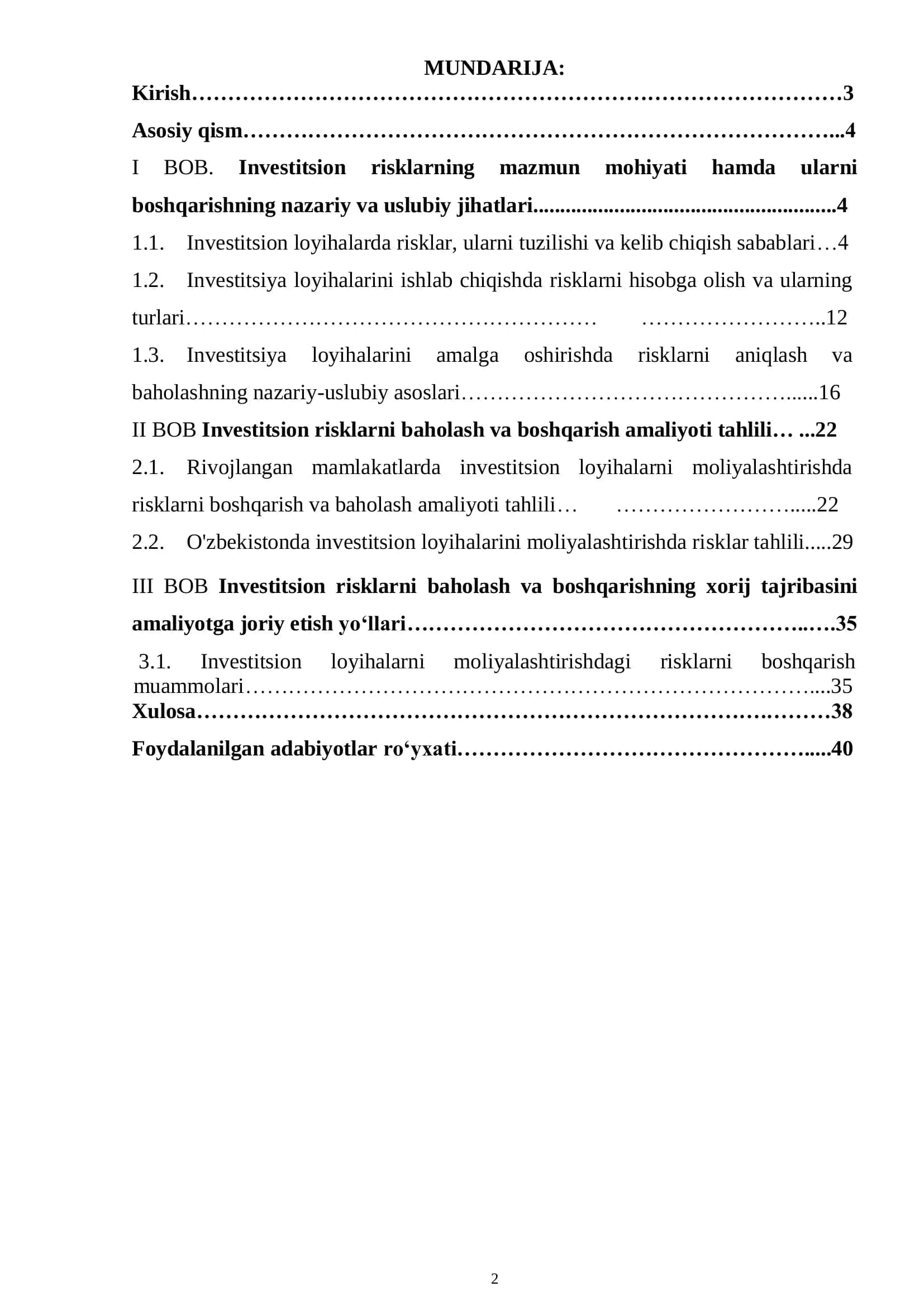 Investitsiya risklari xarakteristikasi va ularni boshqarish usullari 2