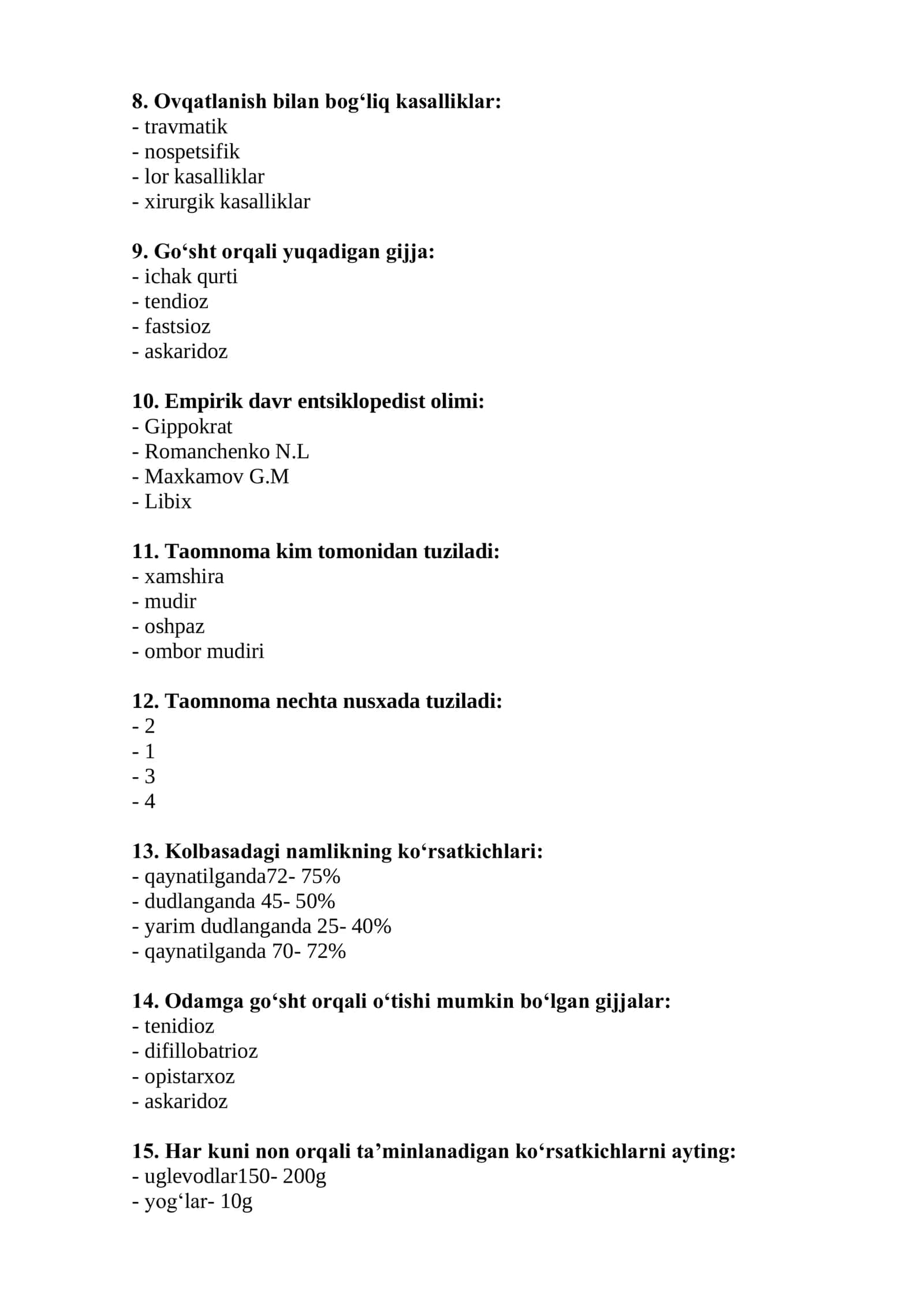 Nutritsiologiya mutaxassisligi bo'yicha shakllantirilgan test savollari ro'yxati 2026 2