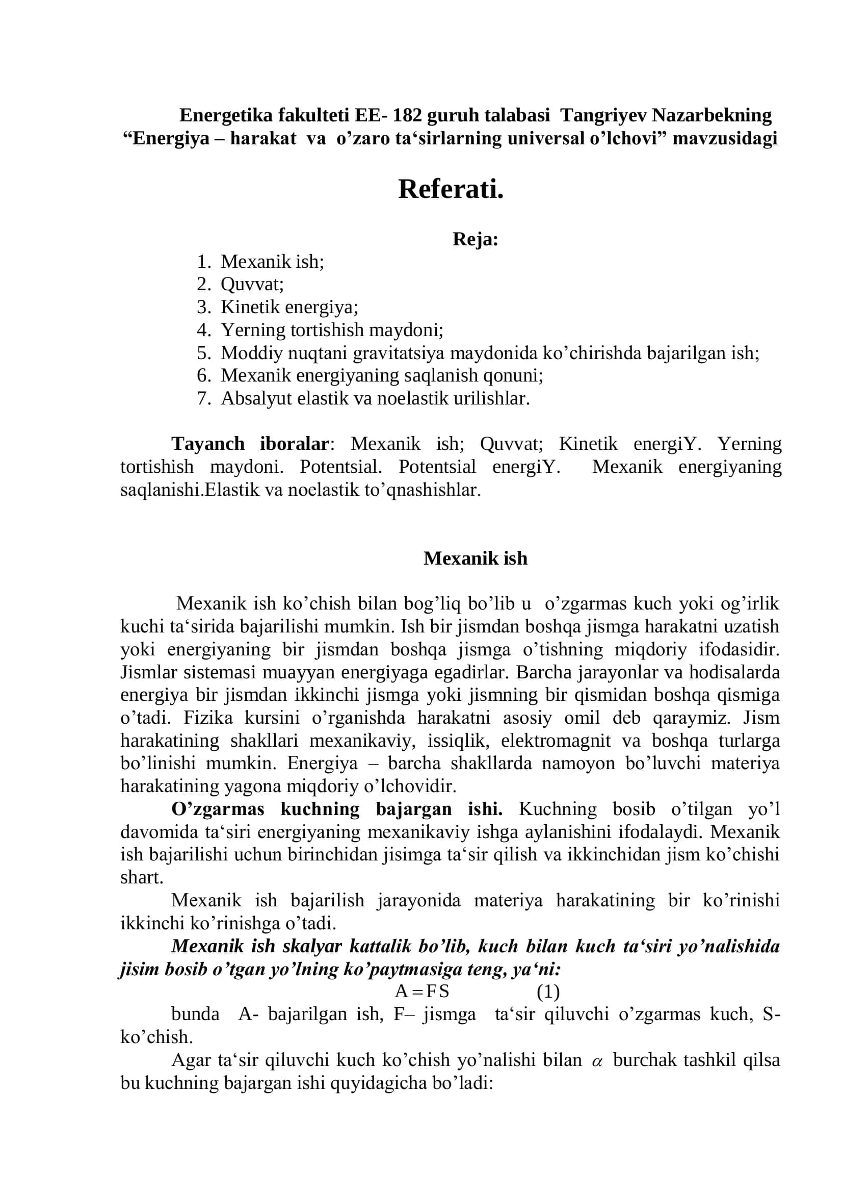 Energiya – harakat va o‟zaro ta„sirlarning universal o‟lchovi 2