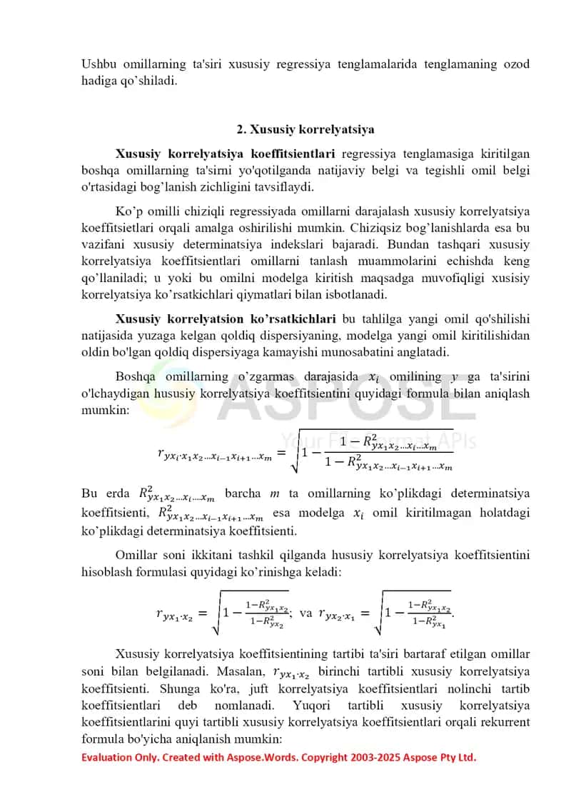 Regressiyaning xususiy tenglamasi va xususiy korrelyatsiya koeffitsientlari tahlili 2