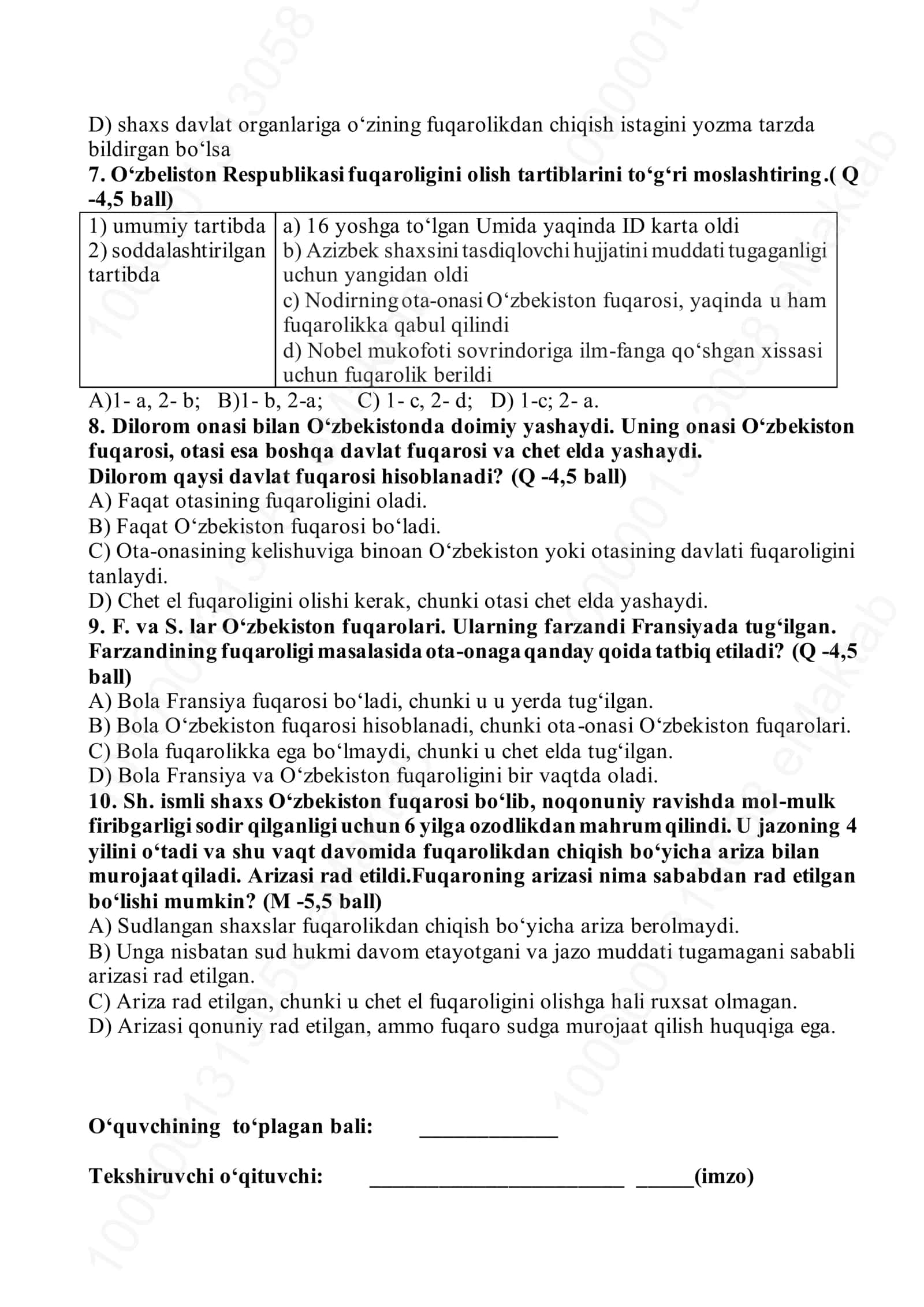9-Sinf Davlat va huquq asoslari fanidan ChSB -1 2