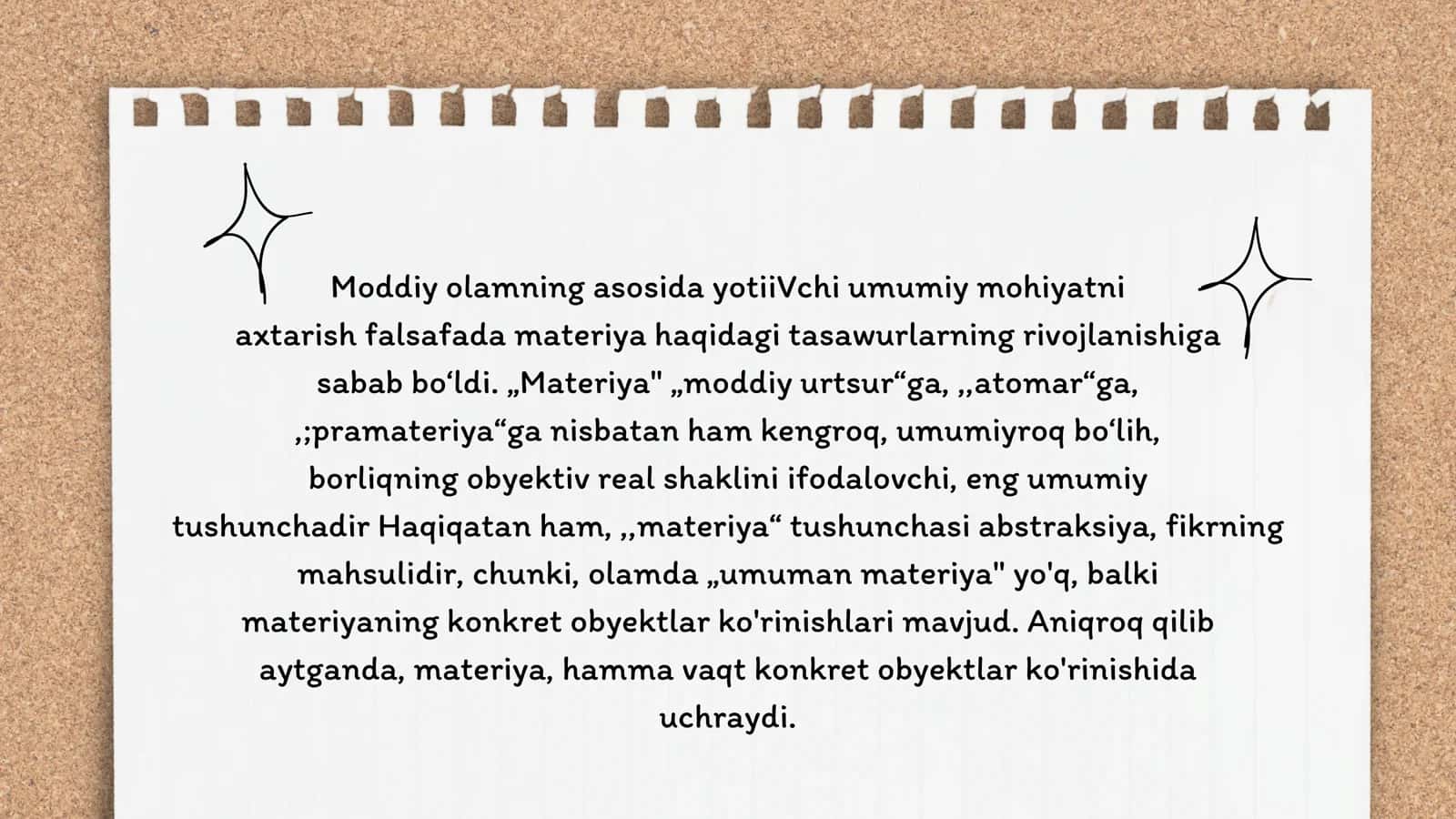 Moddiy olamning asosida yotiiVchi umumiy mohiyatni axtarish falsafada materiya haqidagi tasawurlarning rivojlanishiga sabab bo‘ldi 2