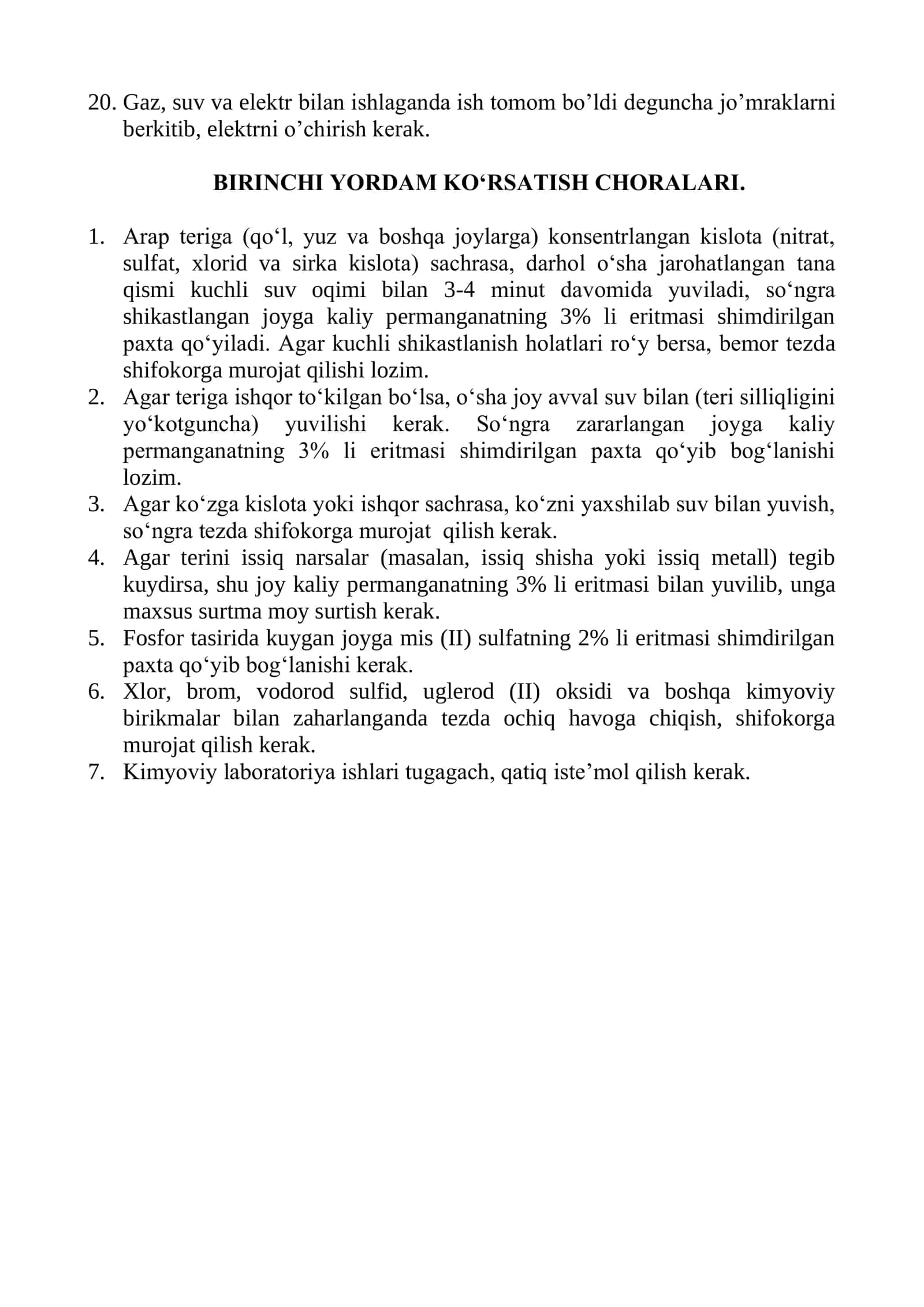 Kimyo tajriba xonalarida ishlash havfsizlik texnikasi qoidalari 2