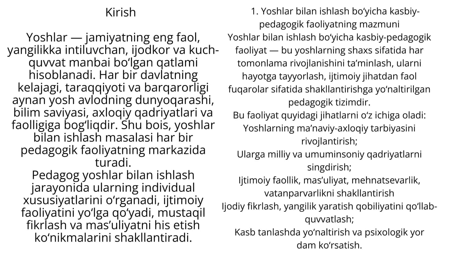 Yoshlar bilan ishlash bo‘yicha kasbiy-pedagogik faoliyatning mazmuni 2