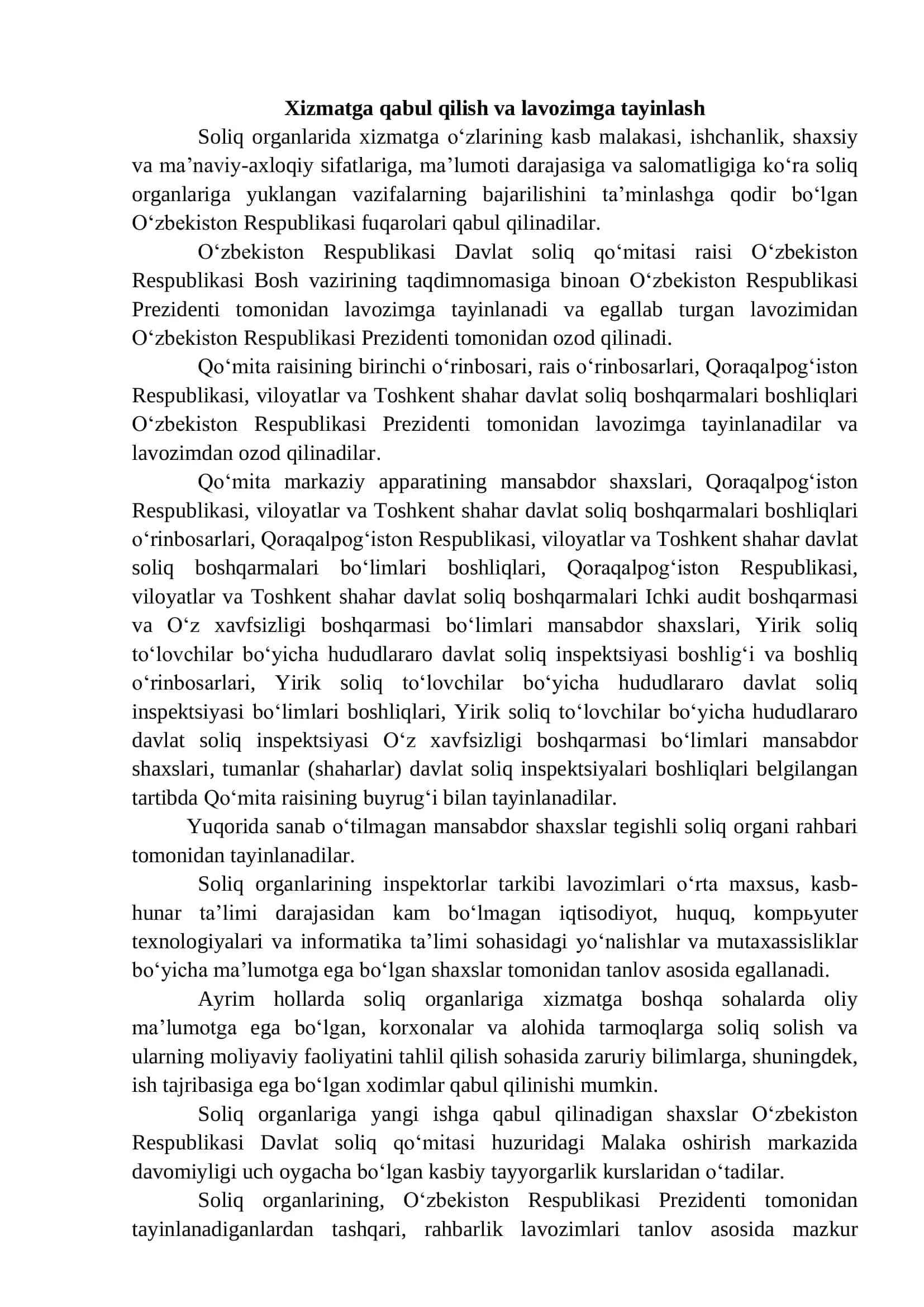 O‘zbekiston Respublikasi davlat soliq xizmati organlarida xizmatni o‘tash tartibi 2