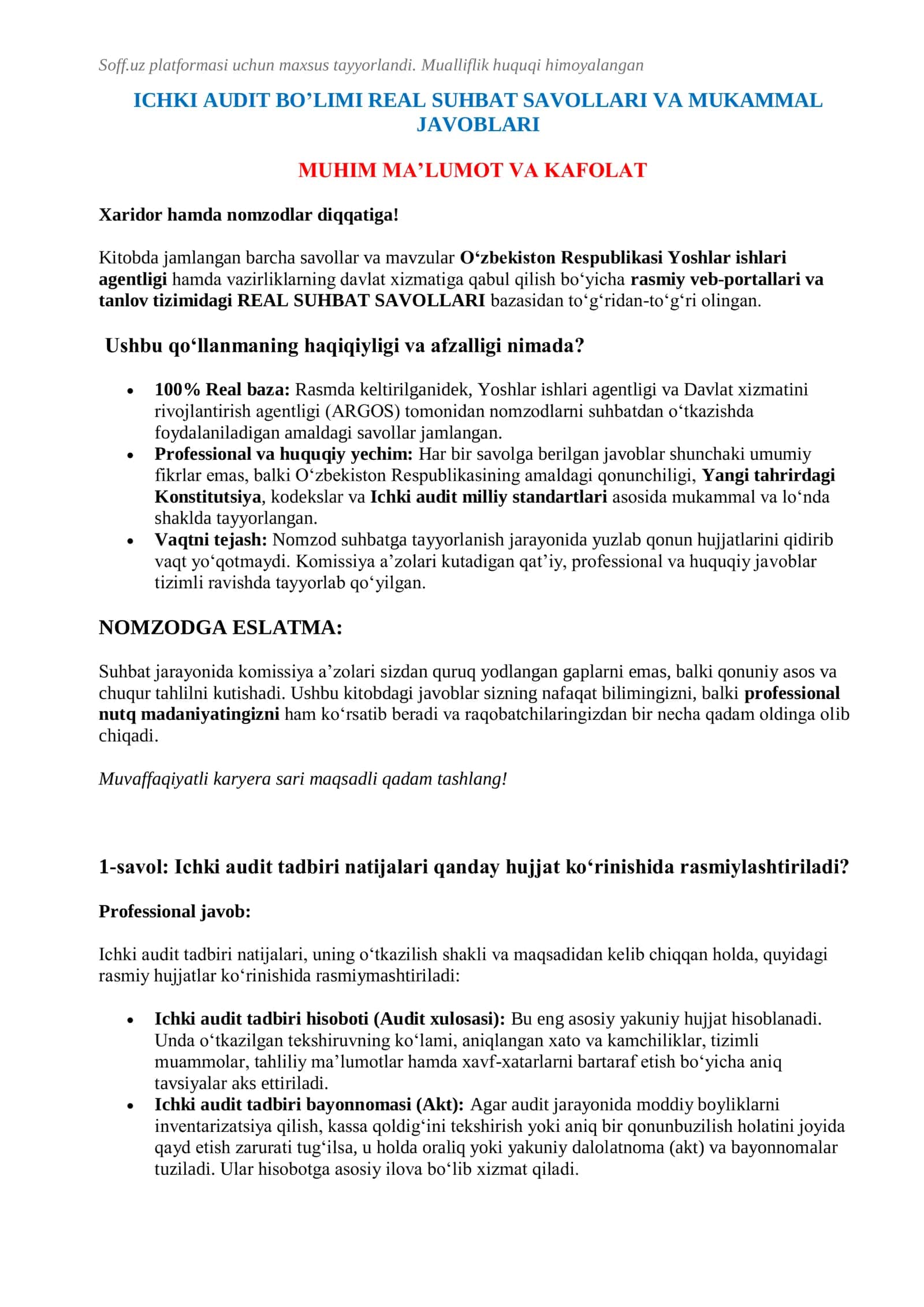 ICHKI AUDIT BO'LIMI REAL SUHBAT SAVOLLARI VA MUKAMMAL JAVOBLARI 2026 YIL 2