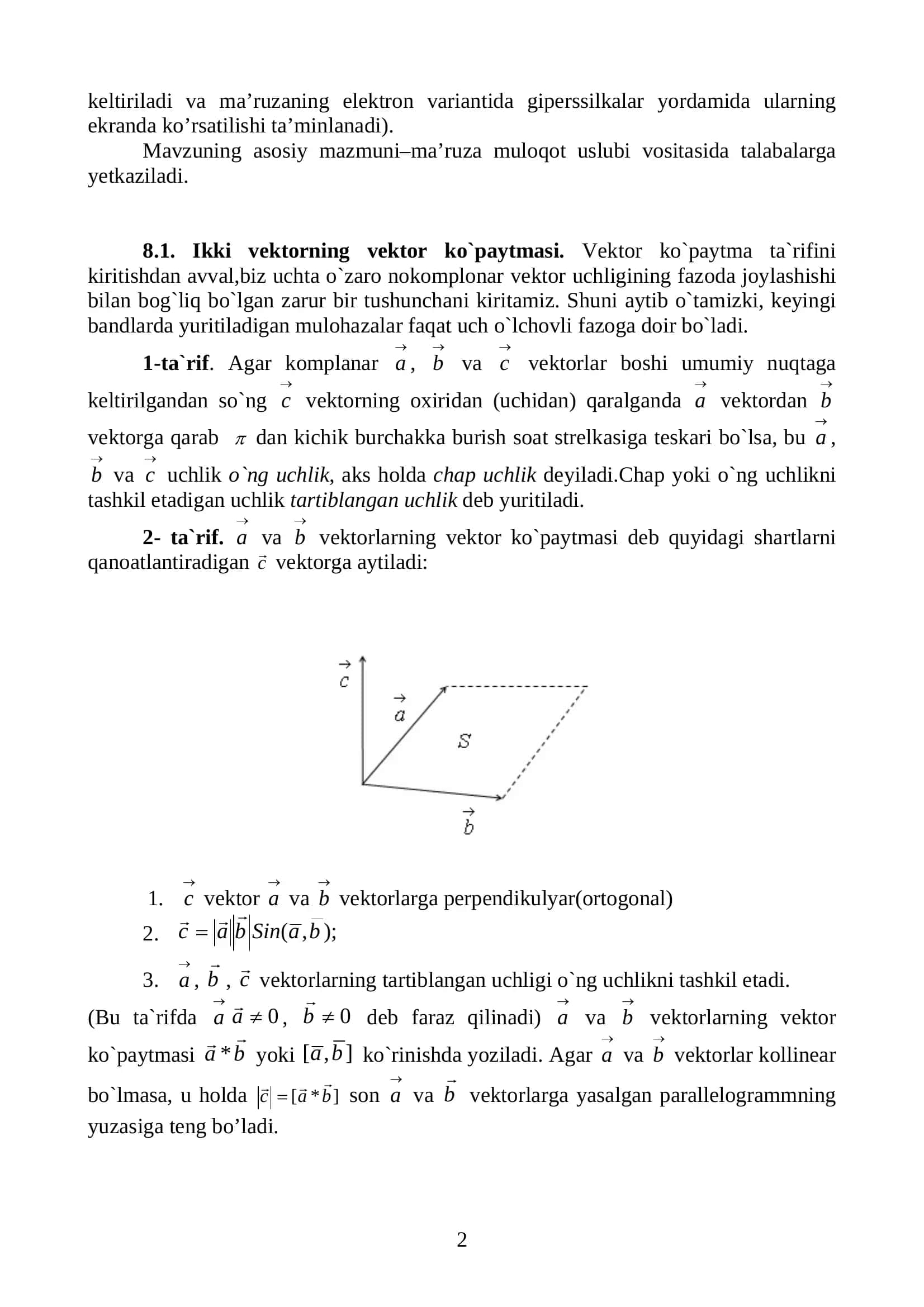 Oliy matematika: vektorlarning vektorial va aralash ko‘paytmasi (PDF) 2