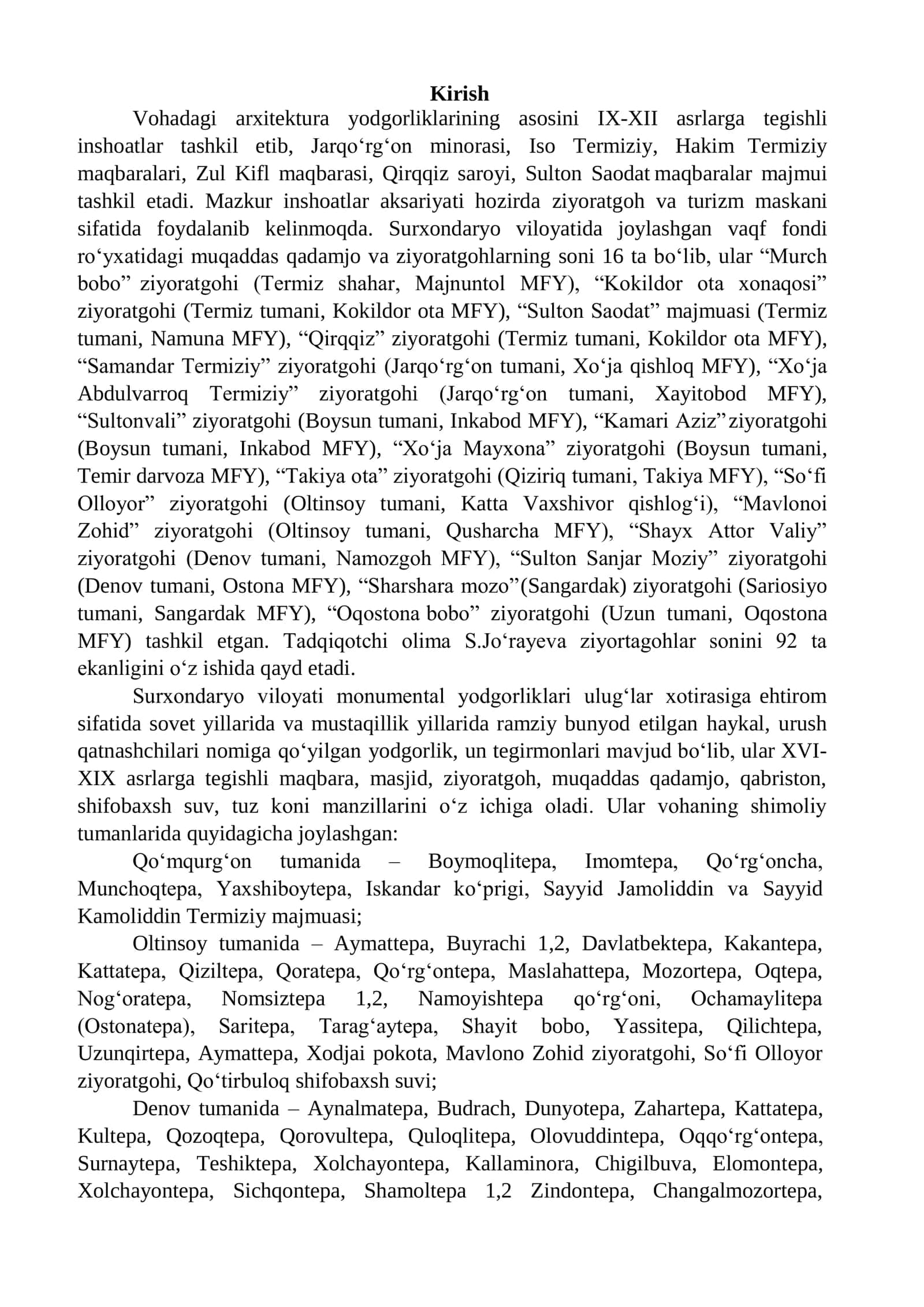 SURXON VOHASI SHIMOLIY HUDUDLARIDA JOYLASHGAN ZIYORATGOHLAR VA QADAMJOLARNING UMUMIY TAVSIFI 2