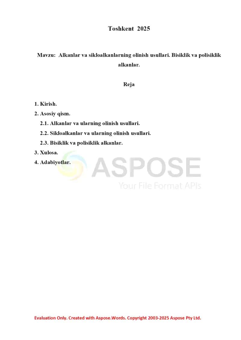 4. Alkanlar va sikloalkanlarning olinish usullari. Bisiklik va polisiklik alkanlar 2. Referat 17 bet 2
