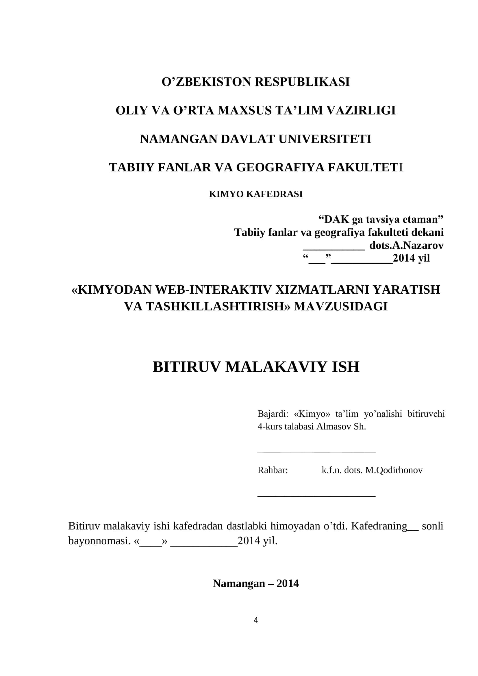 KIMYODAN WEB-INTERAKTIV XIZMATLARNI YARATISH VA TASHKILLASHTIRISH MAVZUSIDAGI BITIRUV MALAKAVIY ISHI 2