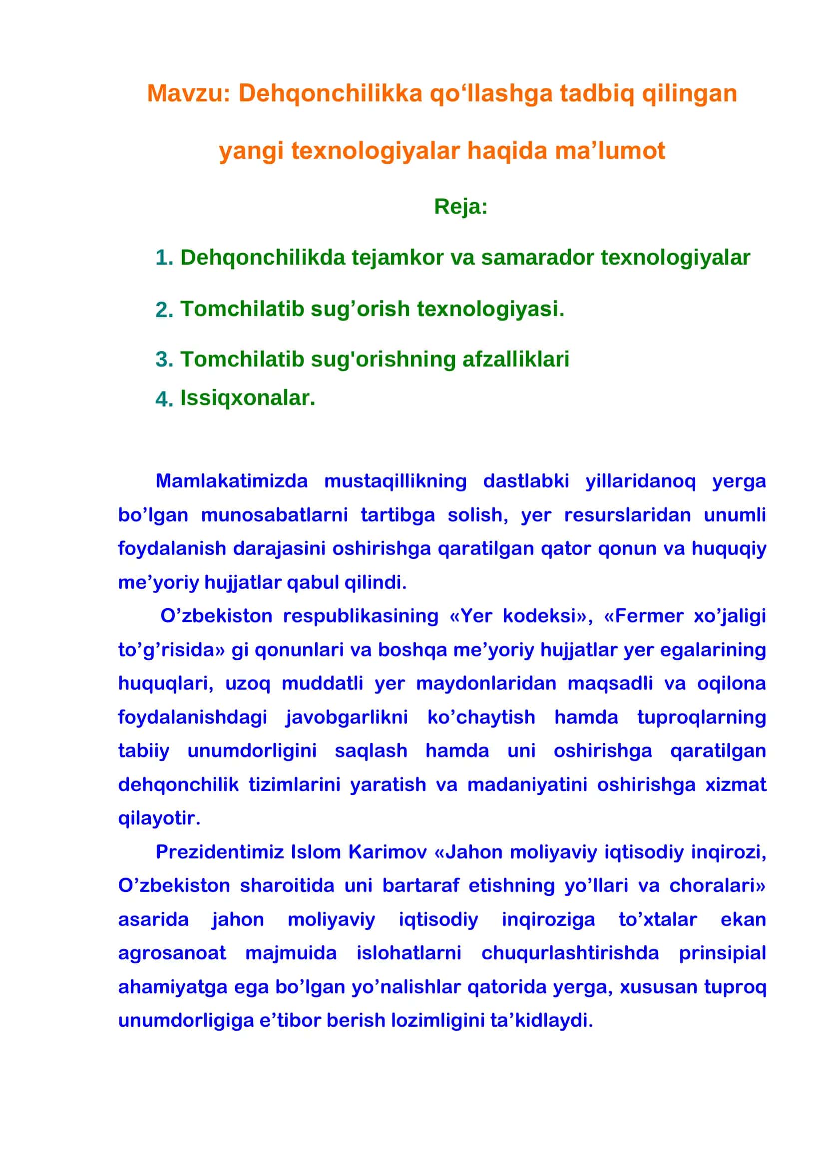 Dehqonchilikka qo‘llashga tadbiq qilingan yangi texnologiyalar haqida ma’lumot 2