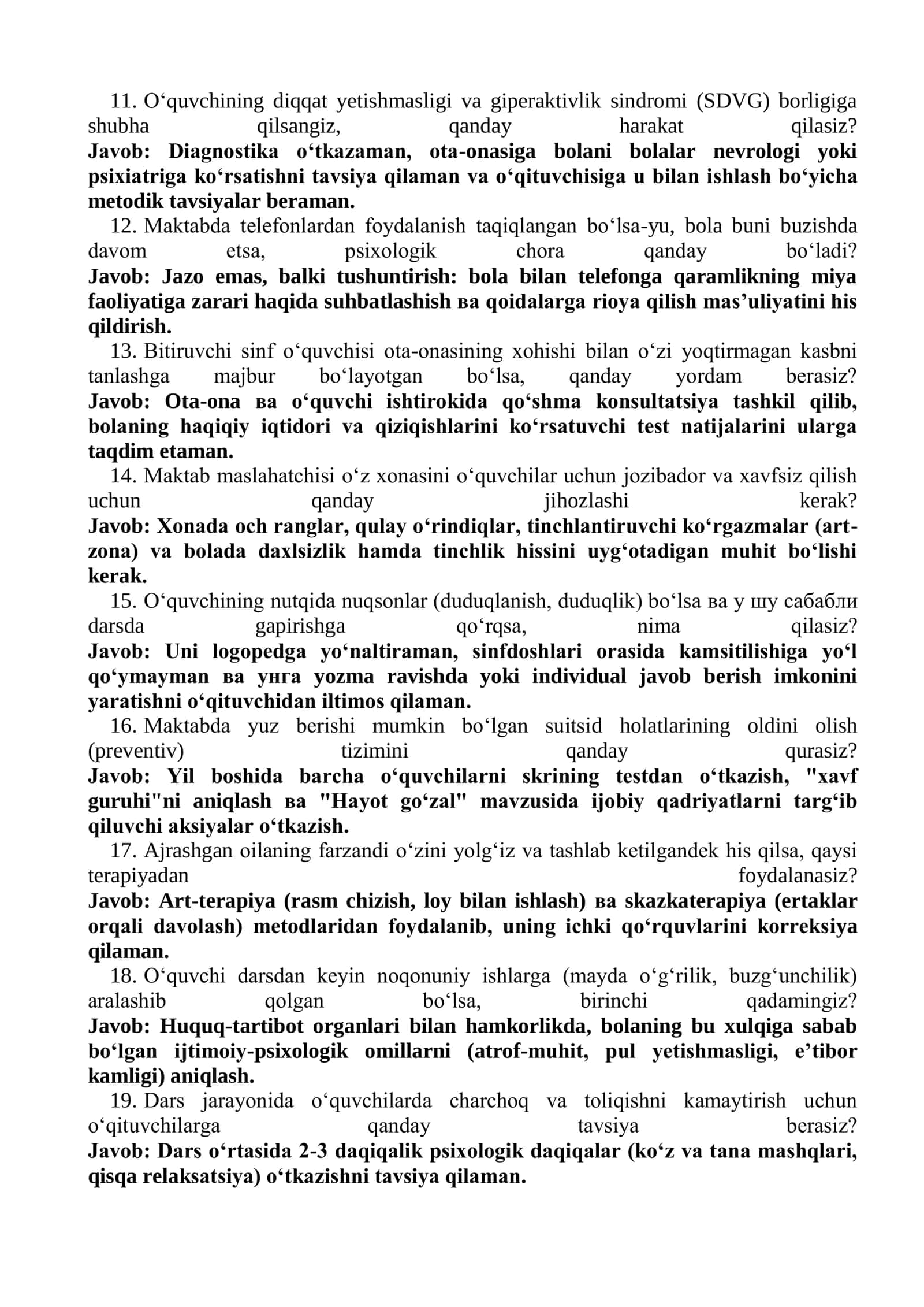 Maktab maslahatchisi lavozimi uchun suhbat savollari va javoblari (2-variant) 2026-yil iyun 2
