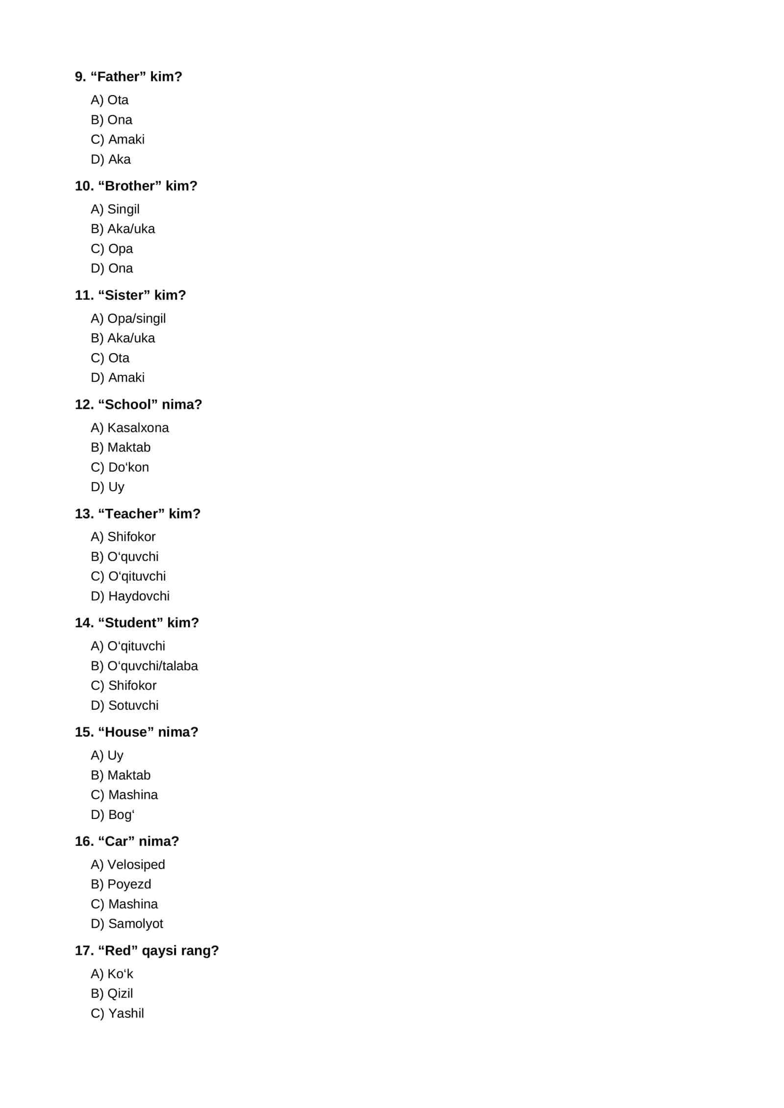 English Beginner Vocabulary Test — 60 Questions with Answers 2