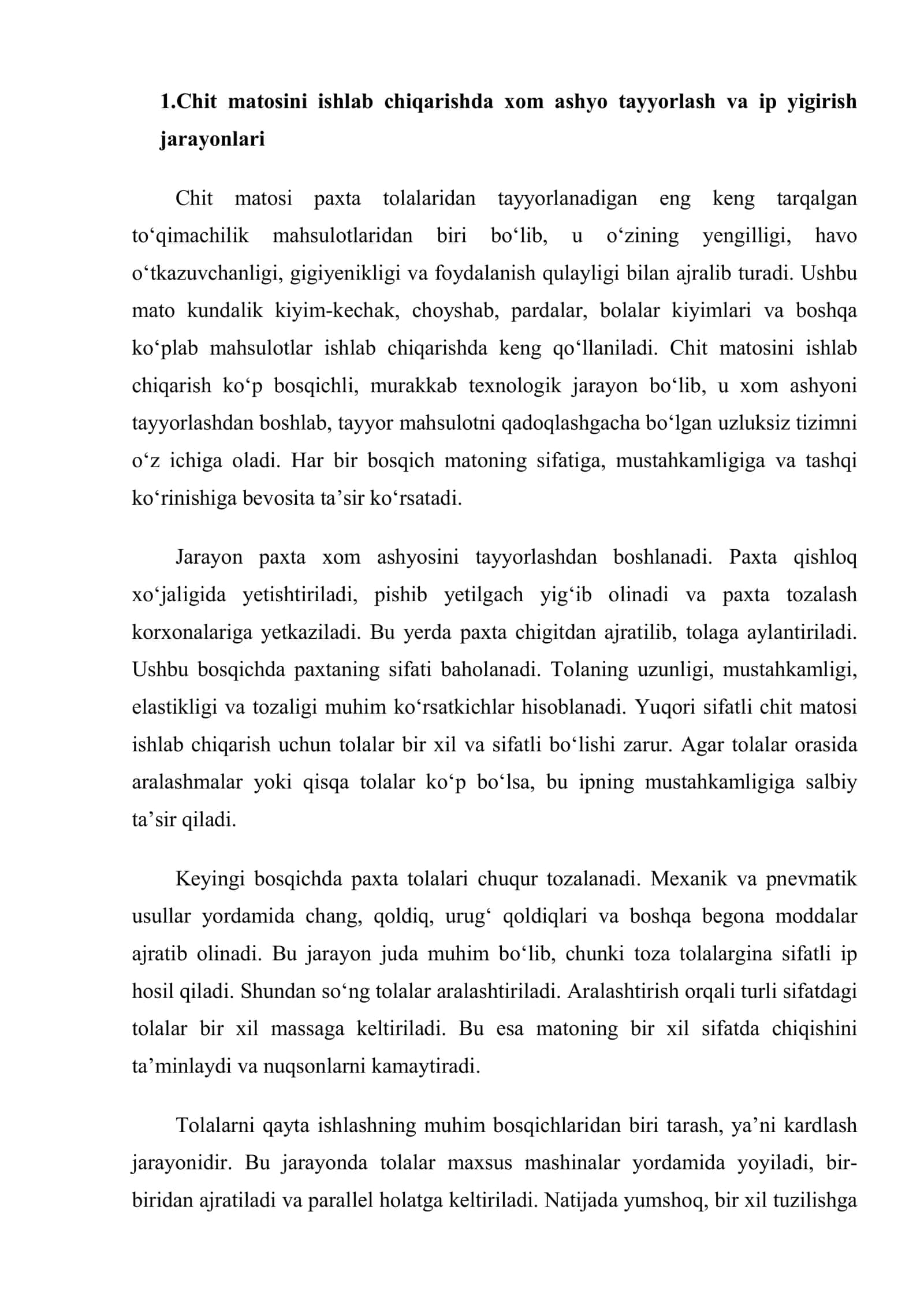 Chit matosini ishlab chiqarish texnologik ketma-ketligi 2