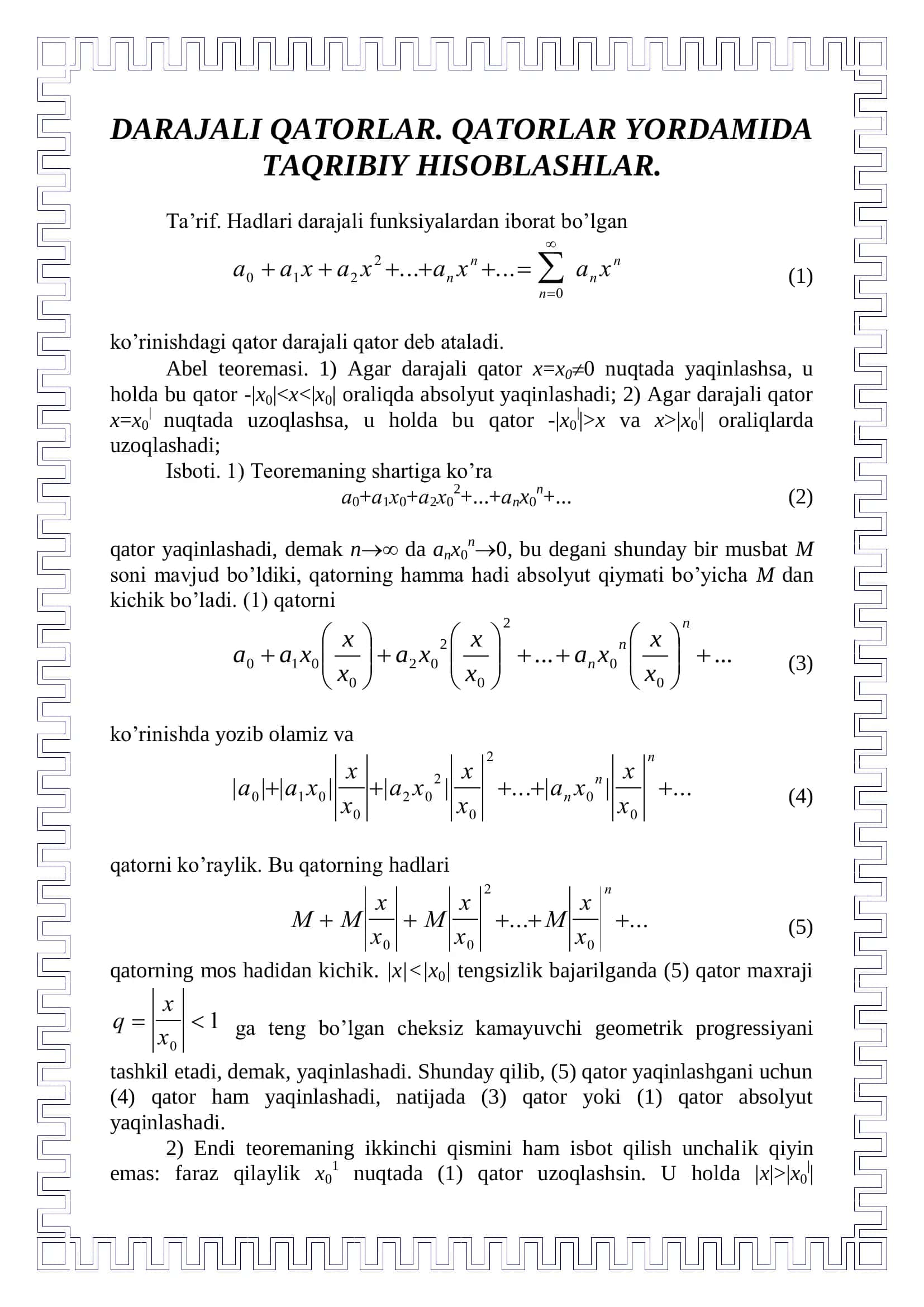 DARAJALI QATORLAR. QATORLAR YORDAMIDA TAQRIBIY HISOBLASHLAR 2