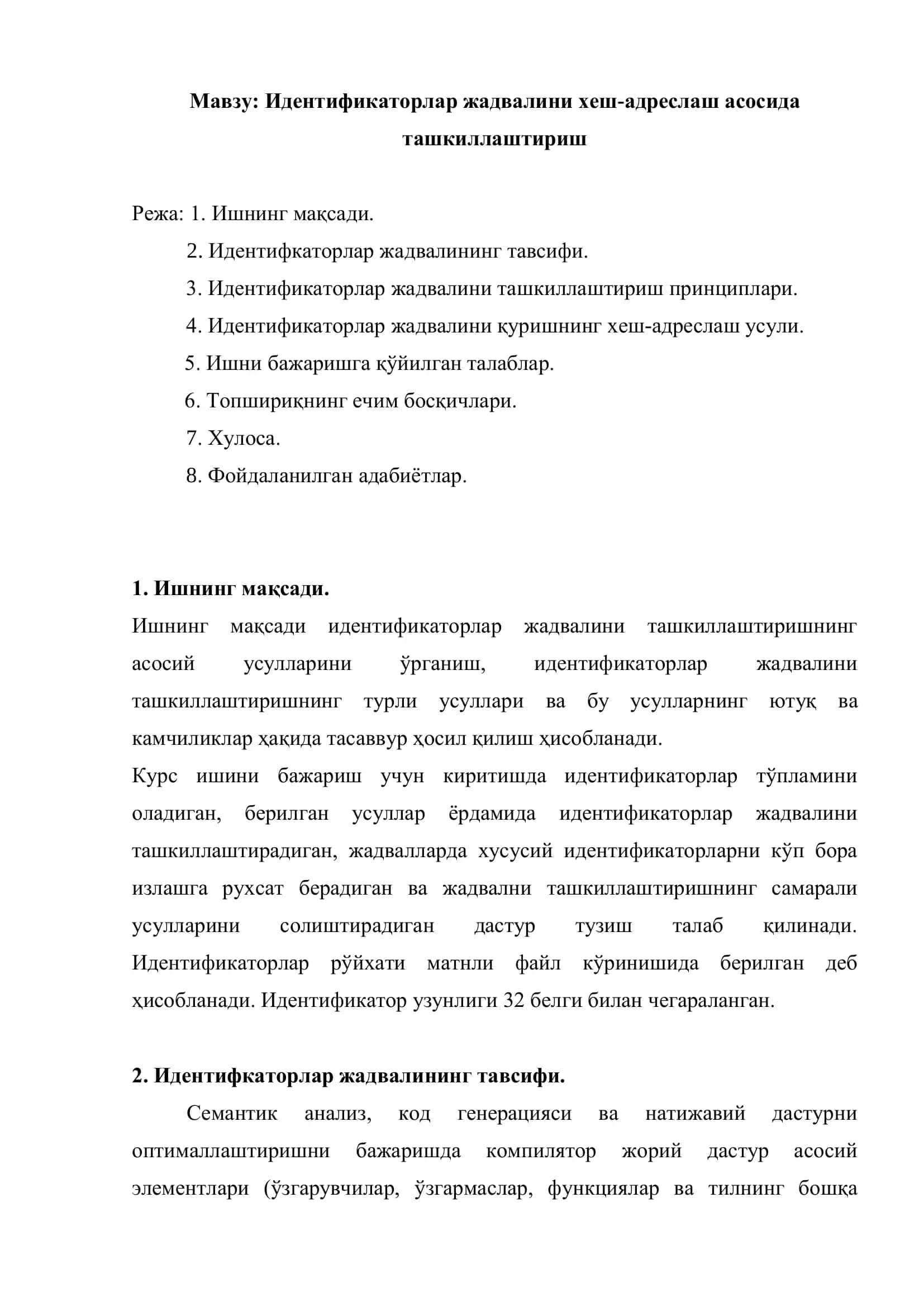 Identifikatorlar jadvalini Xesh-adreslash asosida tashkillashtirish 2