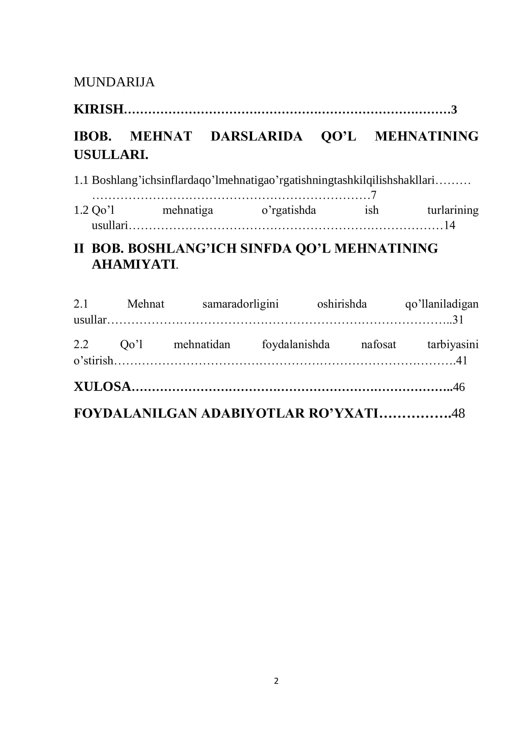 “Mehnat darslarida qo’l mehnatining usullarini o’rgatish metodikasi" 2