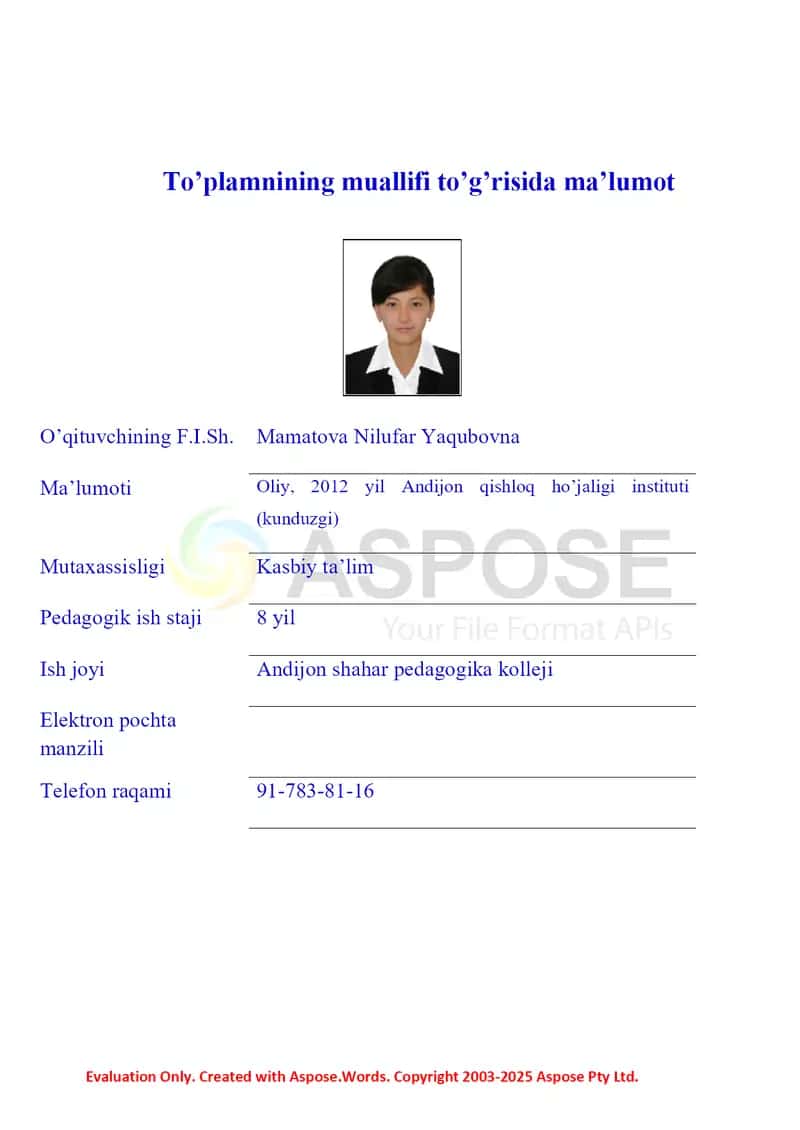 Ishchi o‘quv dasturi “Aqliy tarbiya” kafedrasi uchun 2
