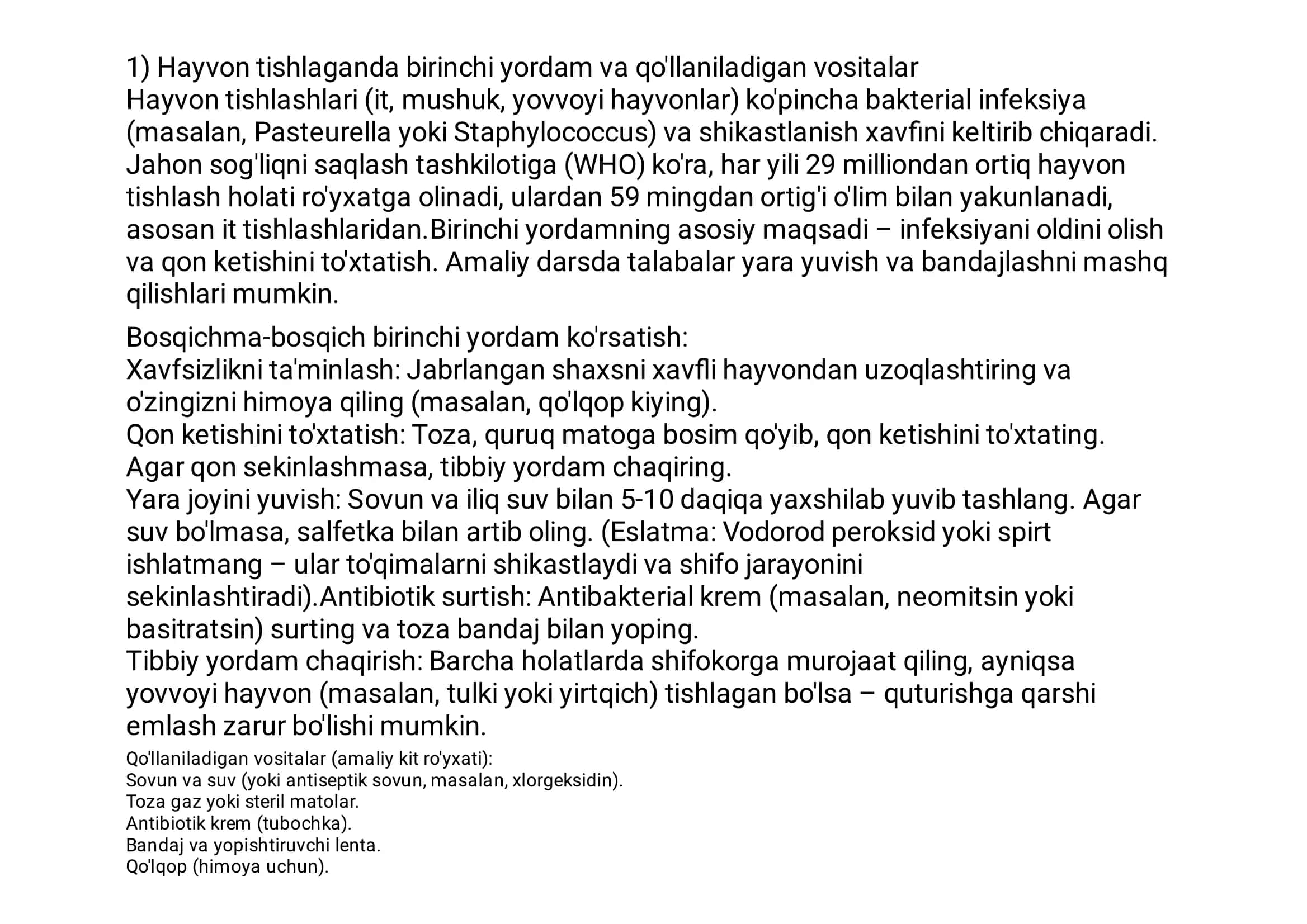 Hayvon tishlashlarida va zaharli hashoratlar chaqishlarda birinchi yordam korsatish asoslari. 2