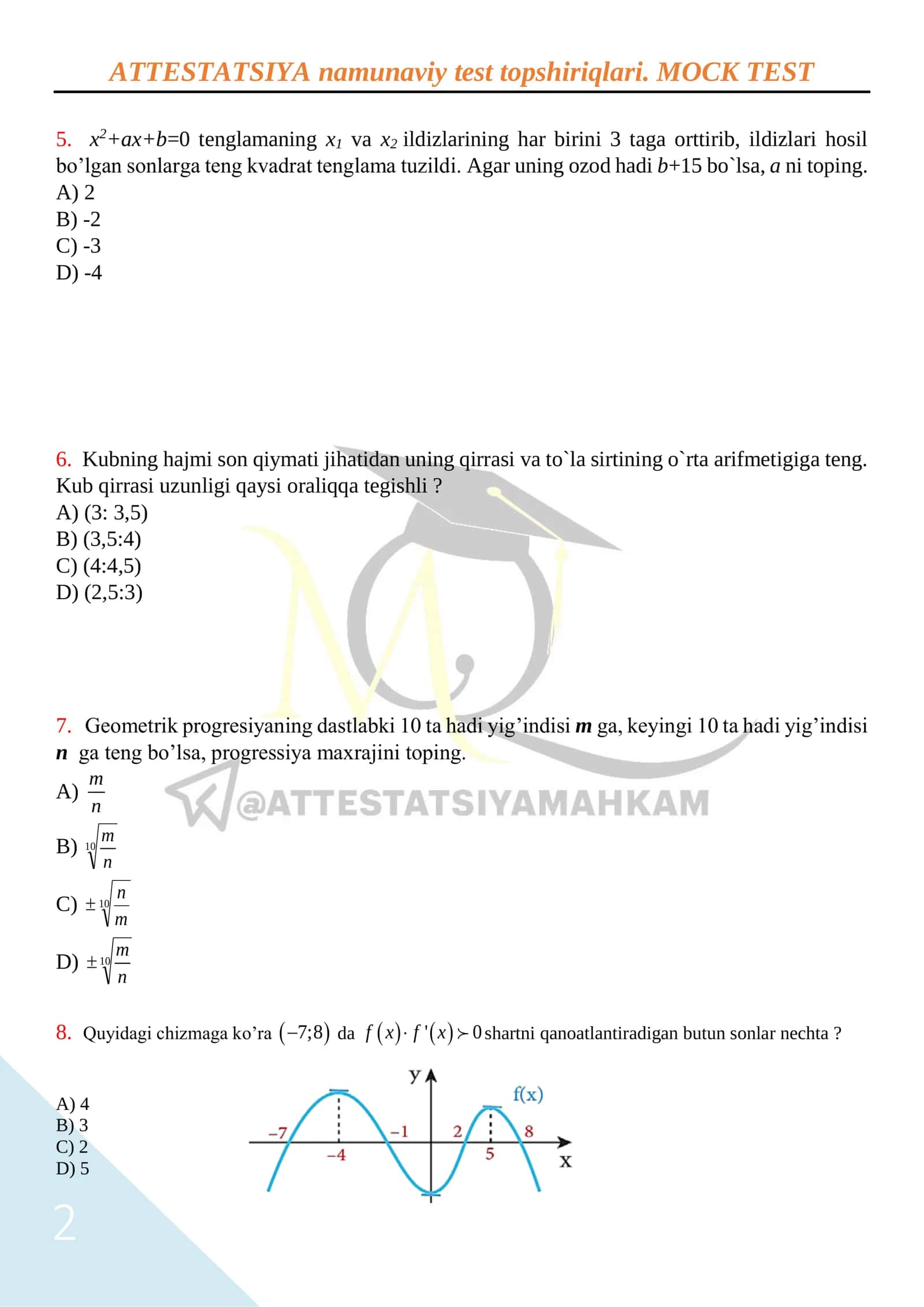 ATTESTATSIYA namunaviy test topshiriqlari. MOCK TEST 2