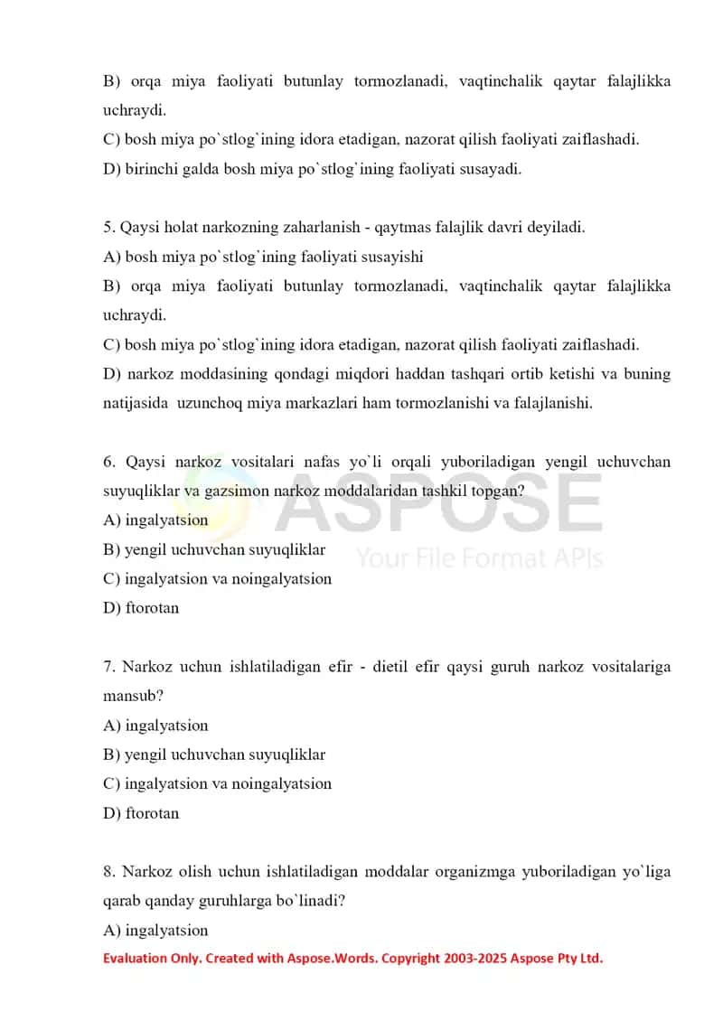 Narkoz dori vositalarining farmakologiyasi va qo'llanilishi. Test 10 ta. 2
