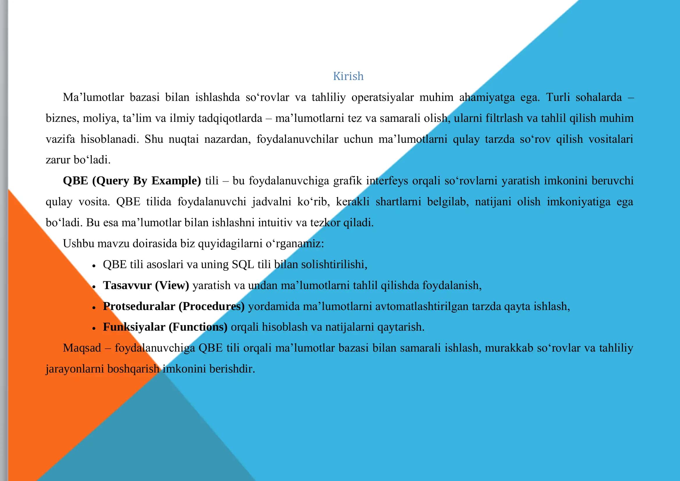 QBE tili orqali ma'lumotlar bilan ishlash 2
