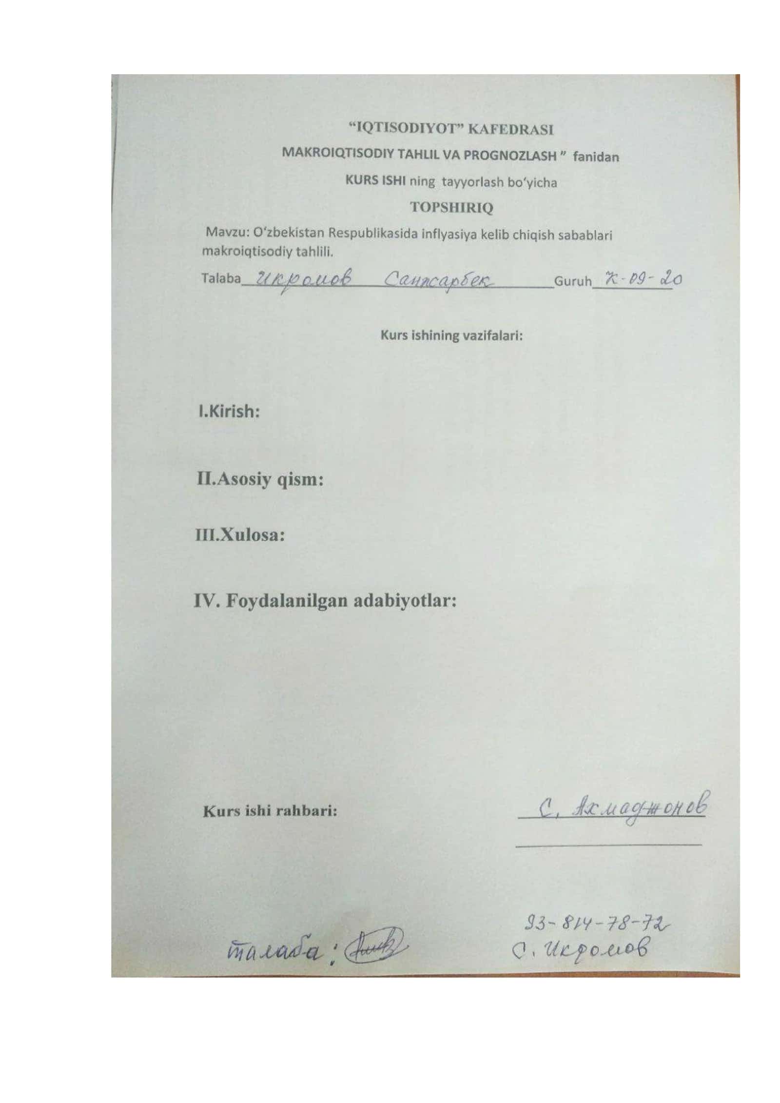 O’zbekiston Respublikasida Inflyatsiya kelib chiqishi sabablari makroiqtisodiy tahlili 2