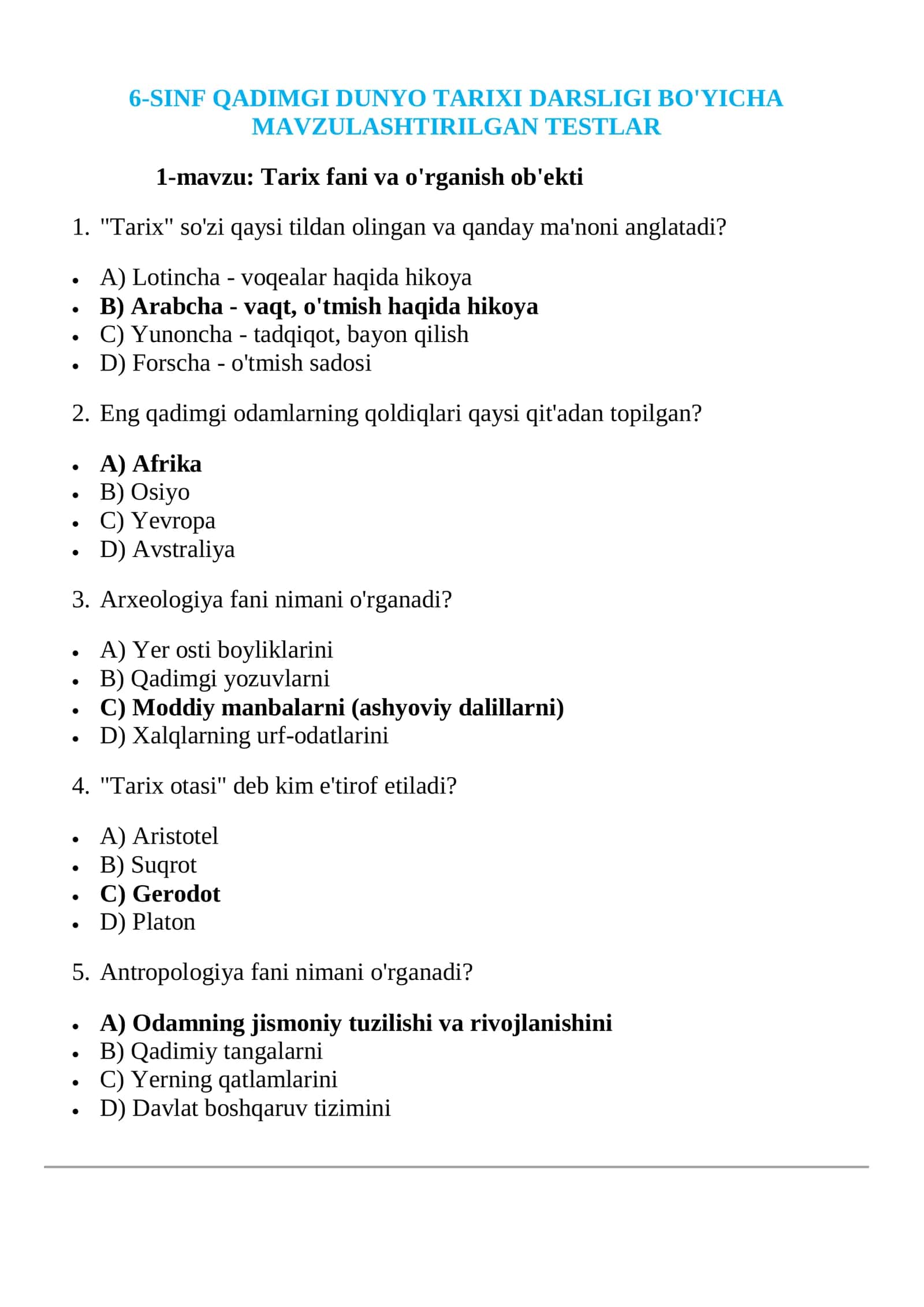 6-SINF QADIMGI DUNYO TARIXI MAVZULASHTIRILGAN TESTLAR JAVOBLARI 2026 YIL 2