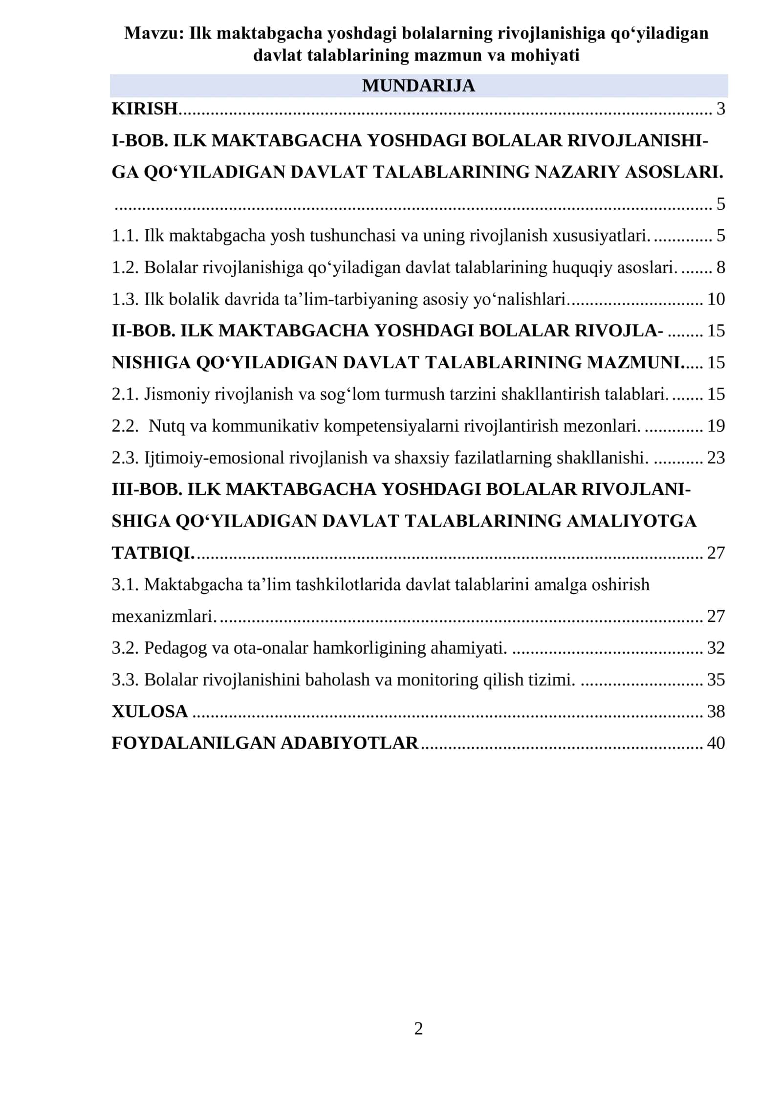 ILK MAKTABGACHA YOSHDAGI BOLALAR RIVOJLANISHIGA QO'YILADIGAN DAVLAT TALABLARI 2