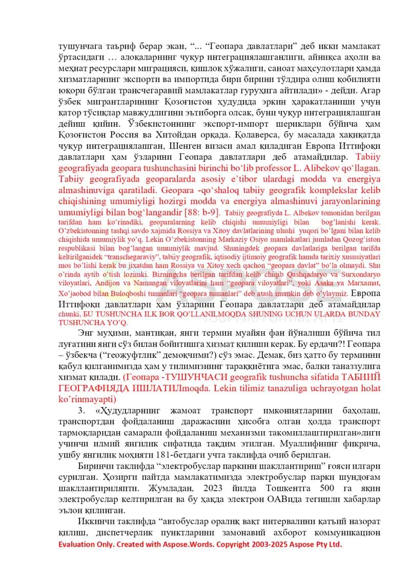 Dissertatsiya taqrizi: O‘zbekiston transport tizimi infratuzilmasi va ilmiy yangiliklar tahlili 2