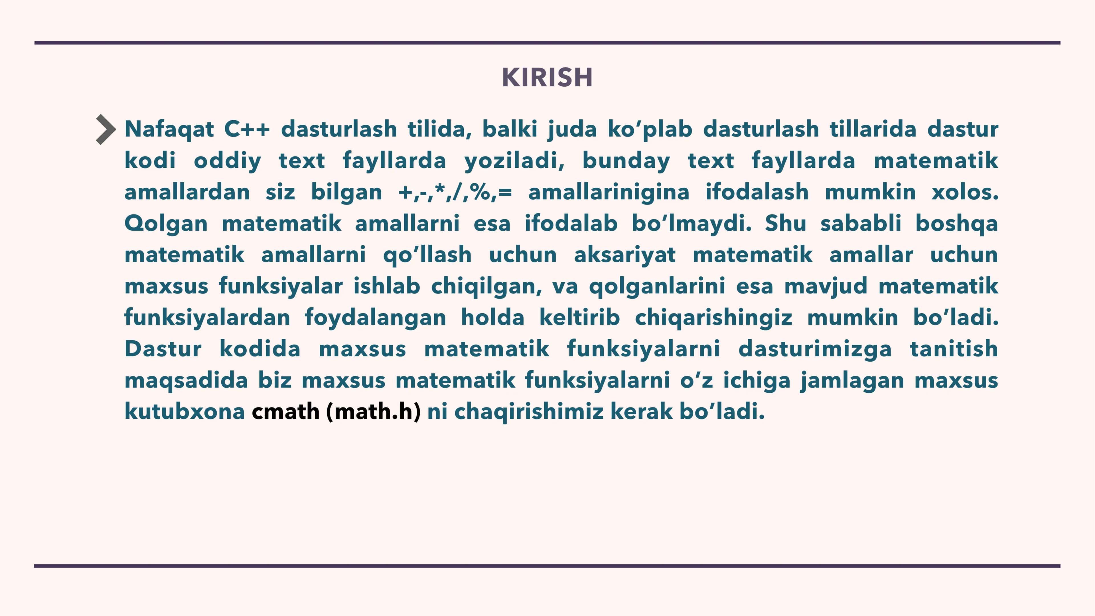 C++ DA MATEMATIK FUNKSIYALARDAN FOYDALANISH 2