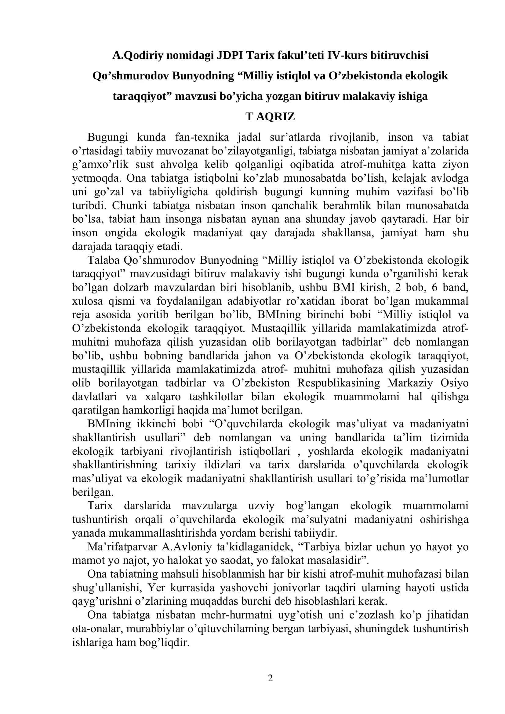Milliy istiqlol va O'zbekistonda ekologik taraqqiyot 2