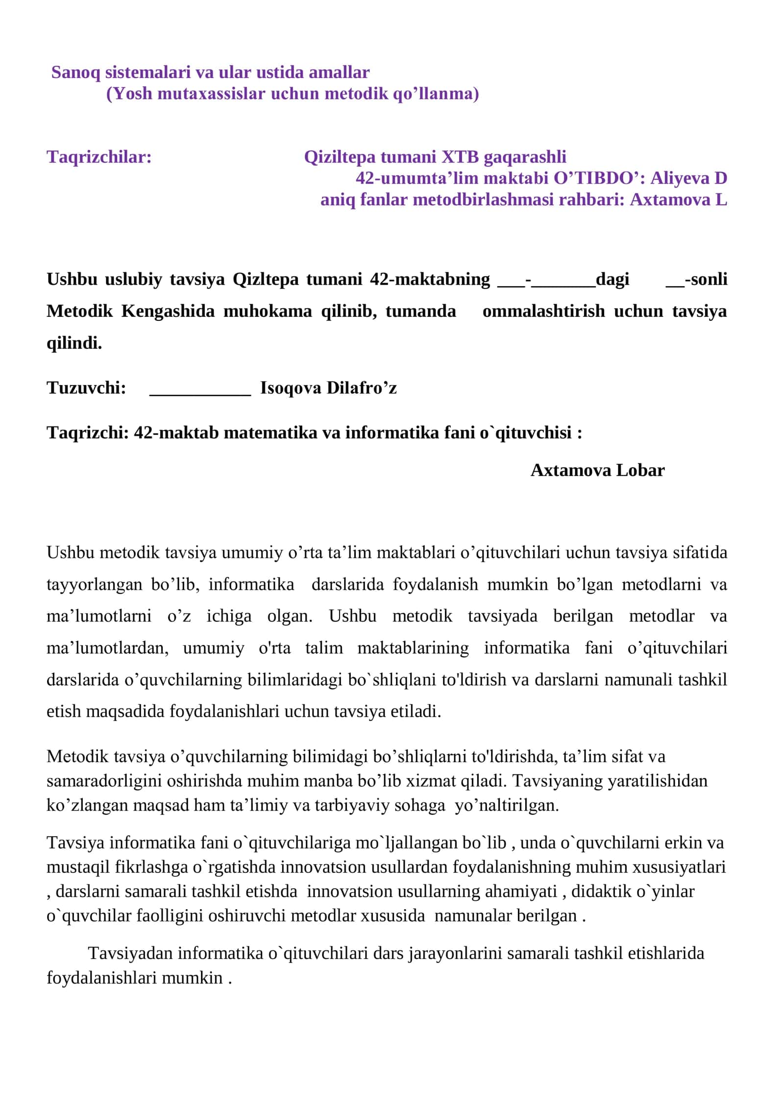 7-sinf Informatika fanidan Sanoq sistemalari va ular ustida amallar bajarish 2