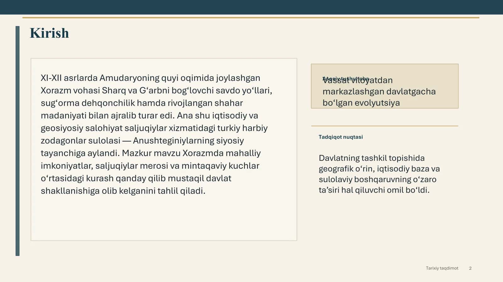 Tarixiy taqdimot Xorazmshoh Anushteginiylar davlatining tashkil topishi 2