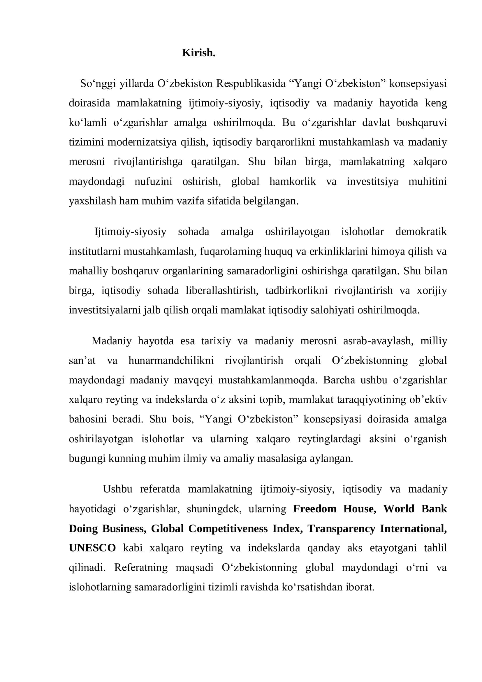 Yangi O‘zbekiston ijtimoiy-siyosiy, iqtisodiy va madaniy hayotida ro‘y berayotgan o‘zgarishlarning xalqaro reyting va indekslarda aks etishi 2