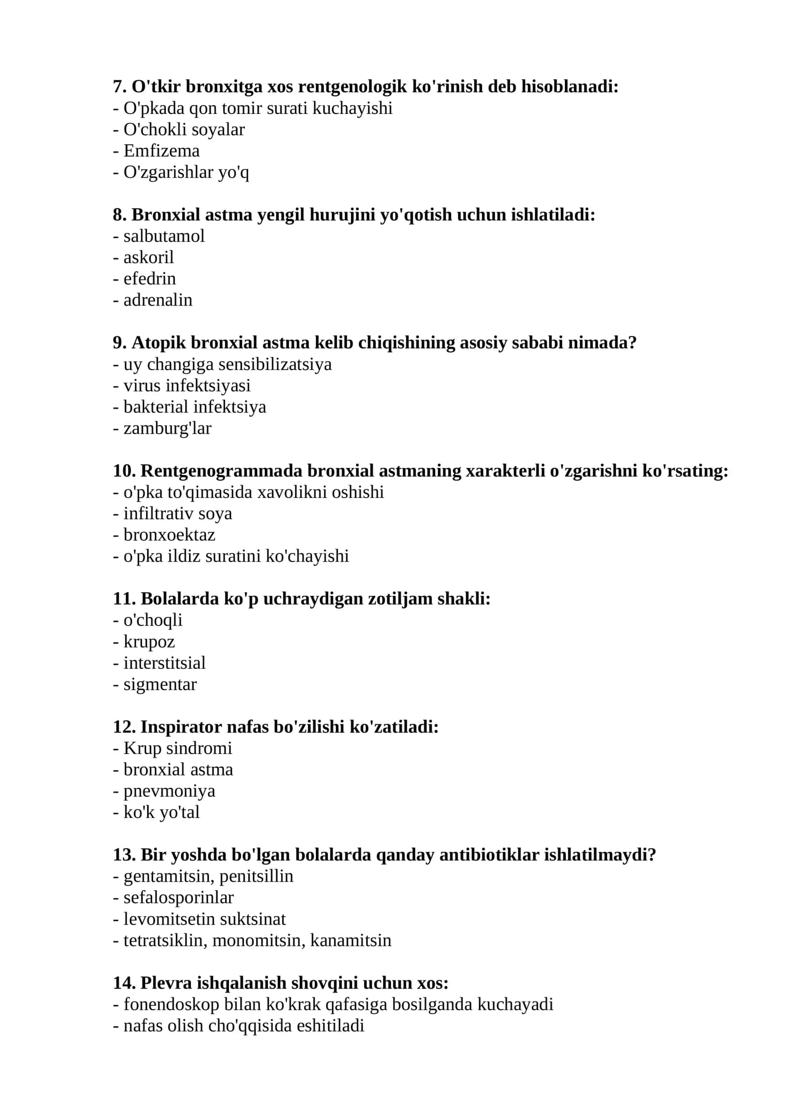 Pediatriya mutaxassisligi bo'yicha shakllantirilgan test savollari argos 2