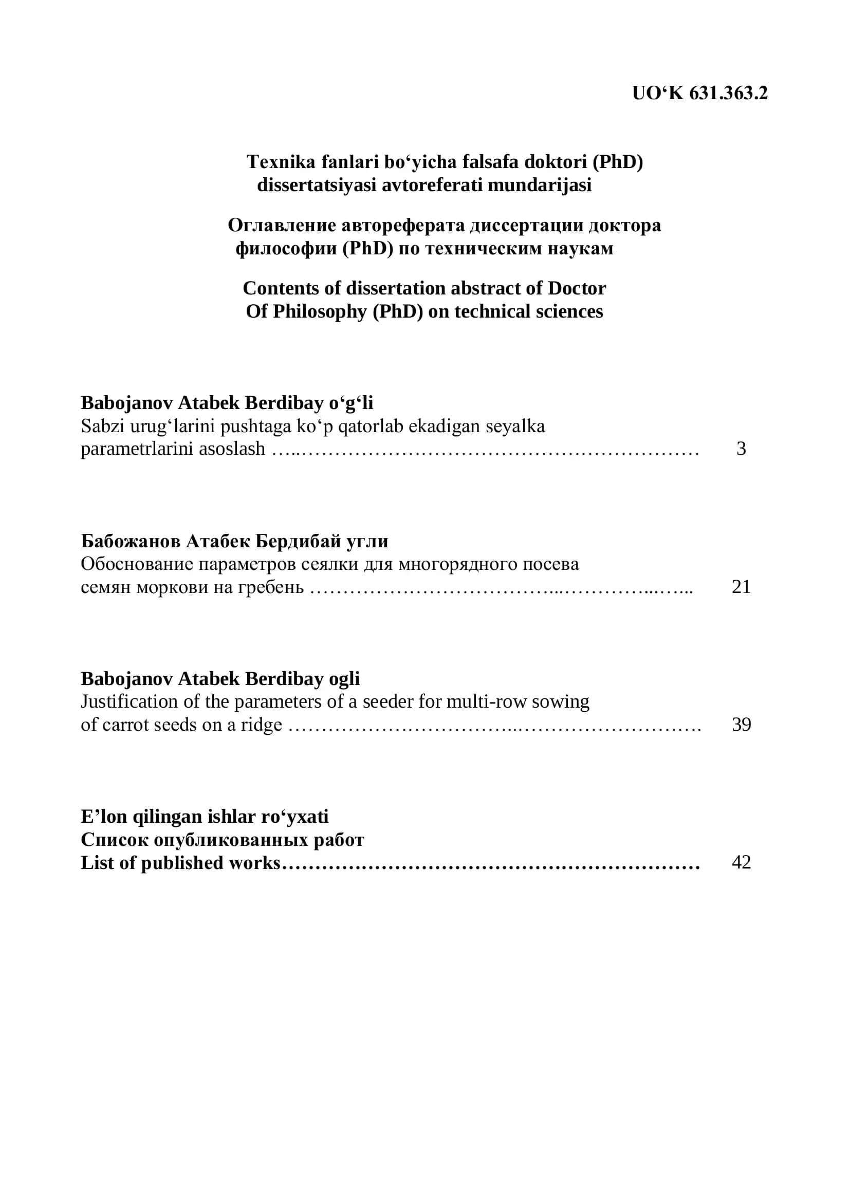 Texnika Fanlari Bo‘yicha Falsafa Doktori (PhD) dissertatsiyasi avtoreferati 2