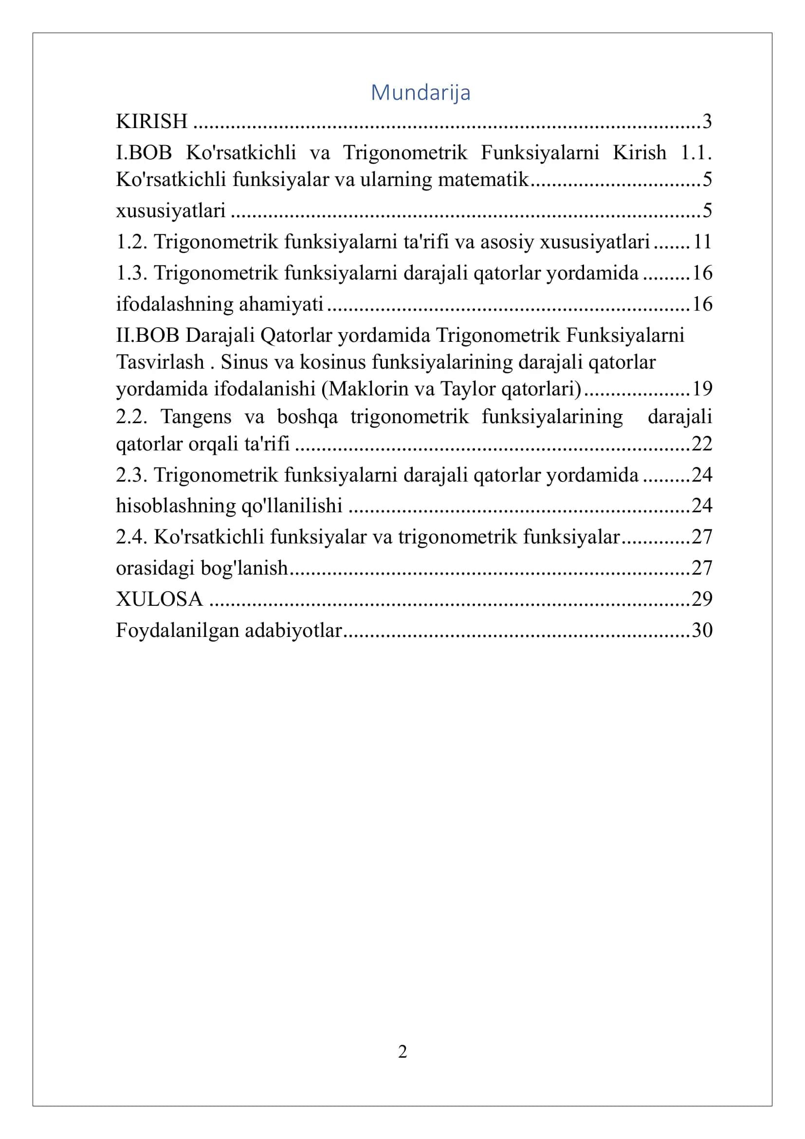 Darajali qatorlar yordamida ko’rsatgichli , trigonometrik  funksiyalarni ta’riflash 2