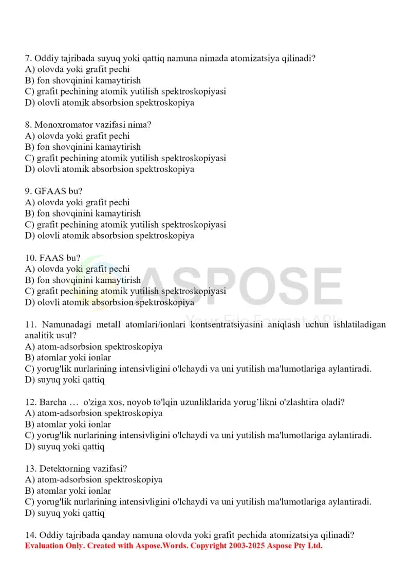 11. Metall zaharlar tahlilida atom-adsorbsion spektroskopiya usulini qo'llash. Test 15 ta. 2