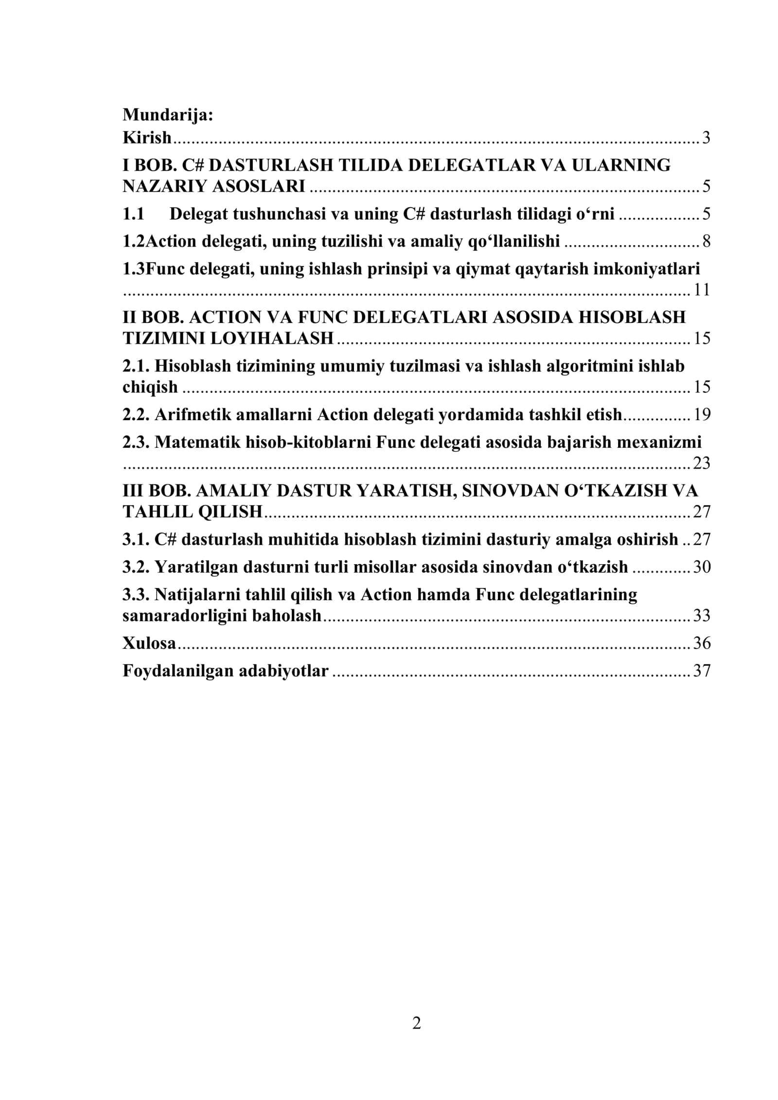 C# dasturlash tilidagi delegatlar, jumladan Action va Func delegatlarining nazariy asoslari va ularning hisoblash tizimini loyihalashda qo'llanilishini 2