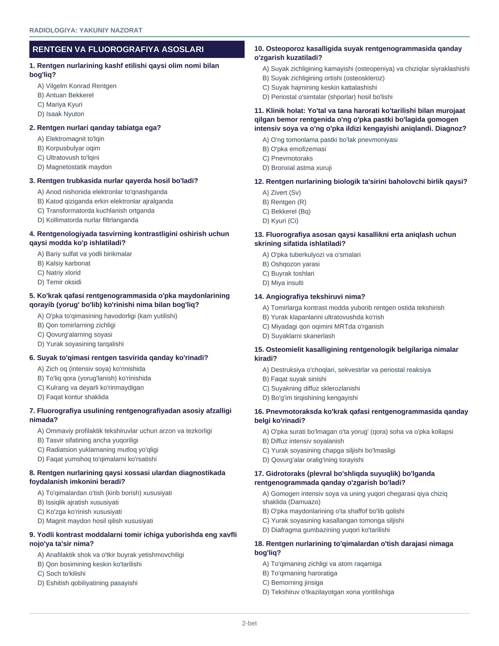 Radiologiya — yakuniy nazorat uchun 500 ta test savoli + javoblari 2