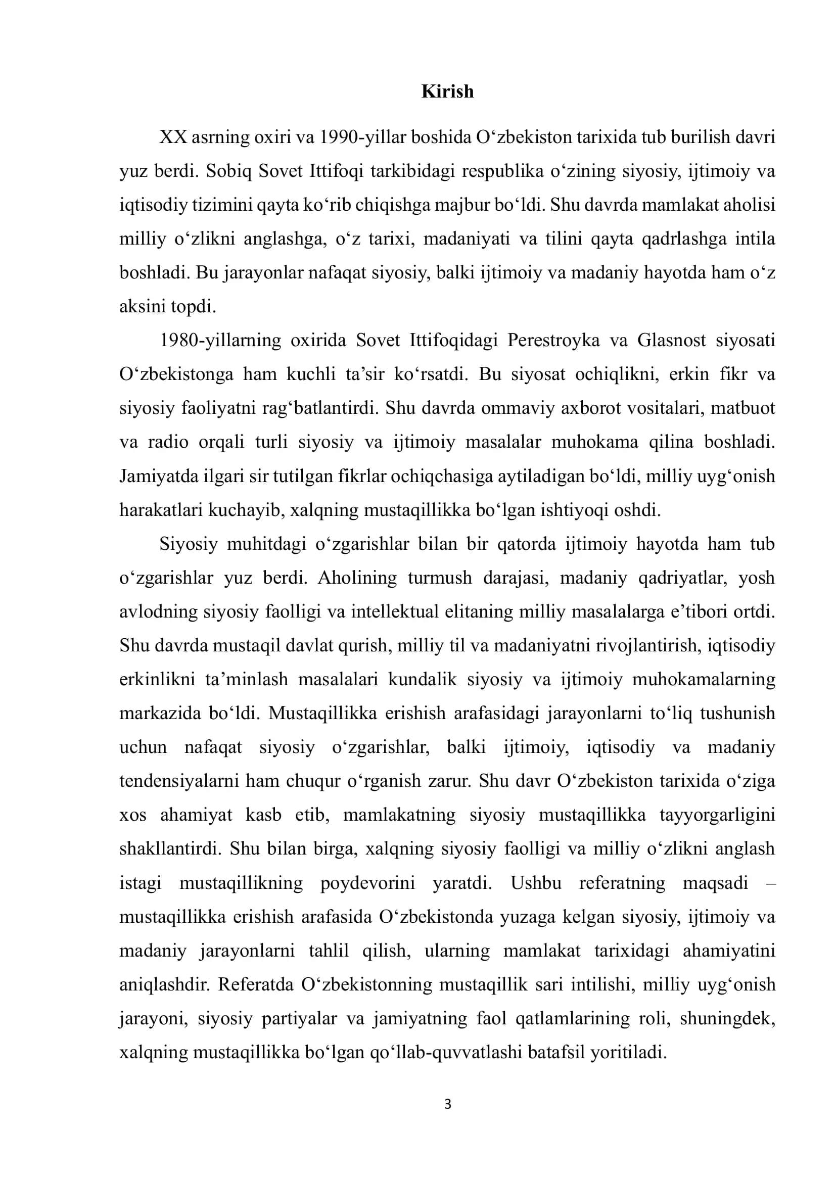 XX asrning oxiri va 1990-yillar boshida O‘zbekiston tarixida tub burilish davri 2