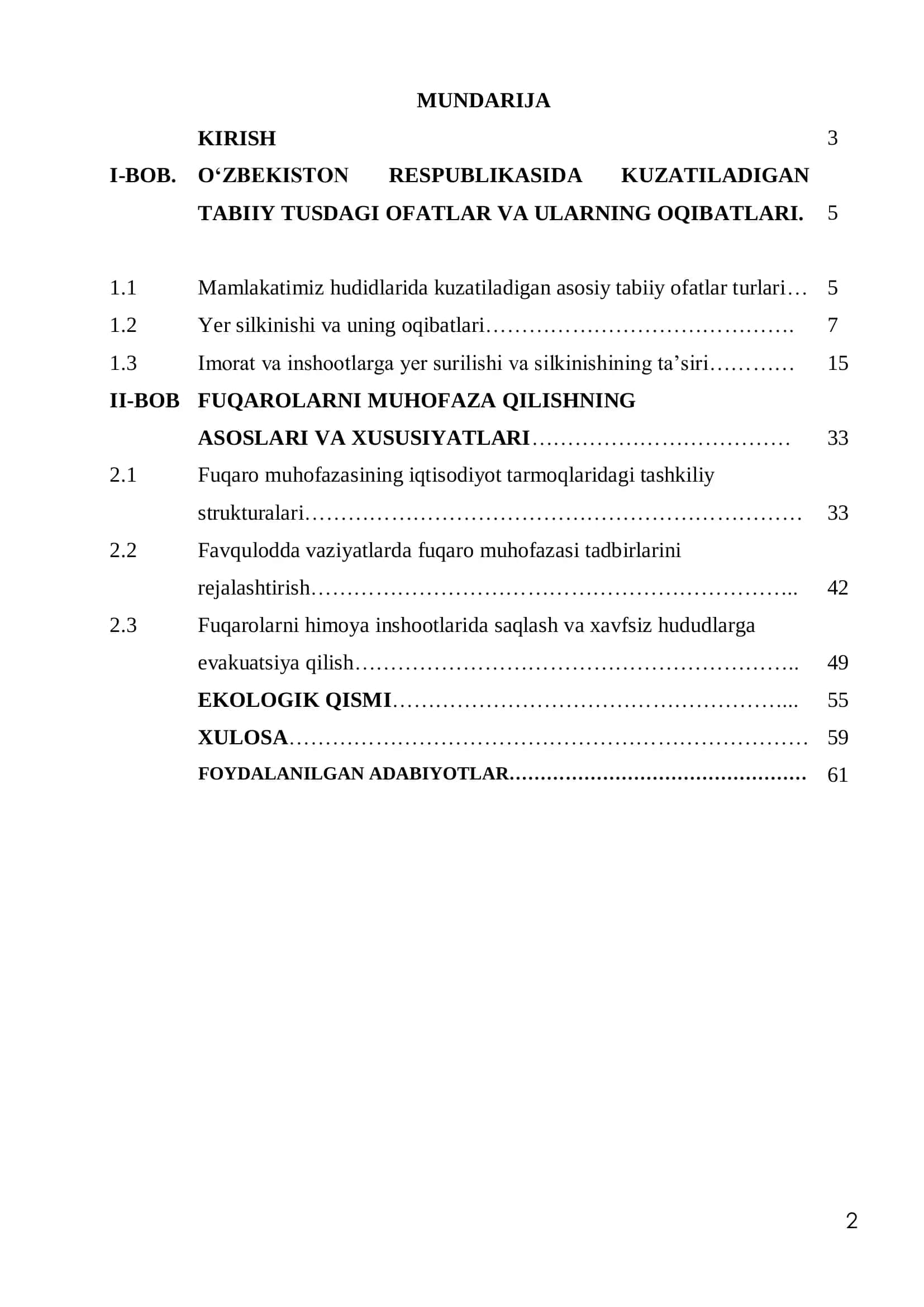 Bitiruv malakaviy ishi "Favqulodda vaziyatlarning oldini olish choralarni takomillashtirish" 2