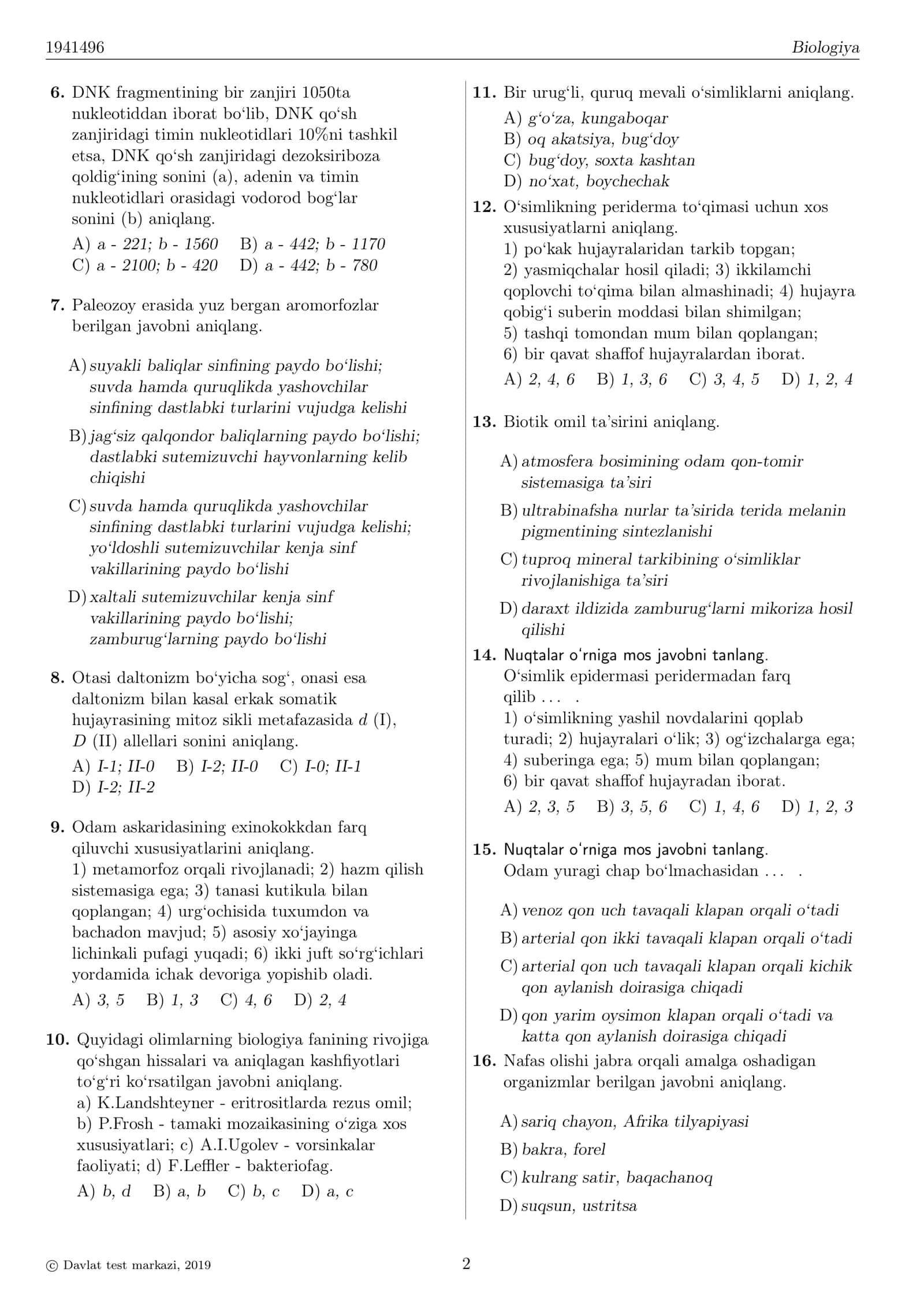 BIOLOGIYA TESTI 2