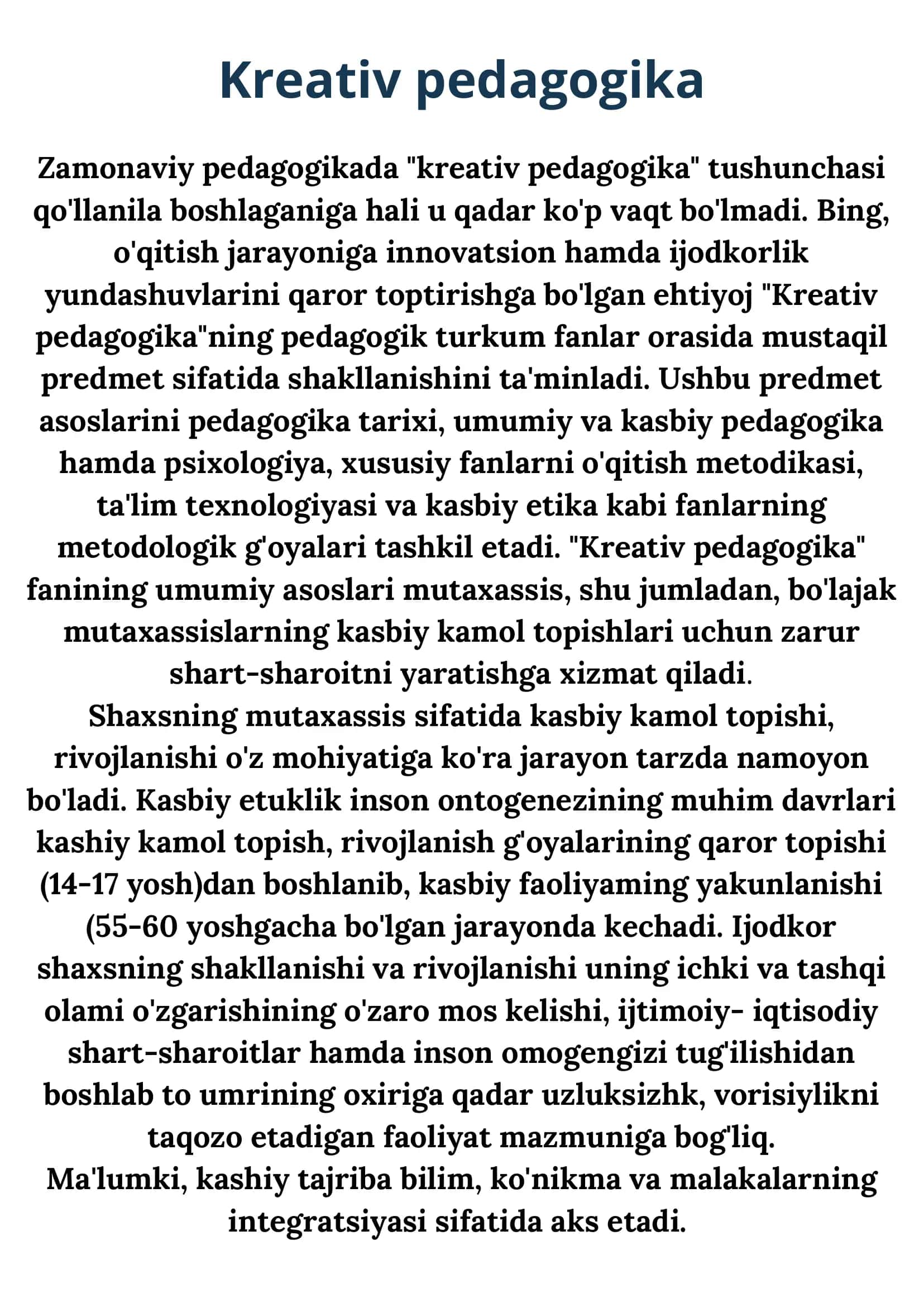 Kreativ pedagogika fanini oʼqitish metodlarining oʼziga xos xususiyatlari 2