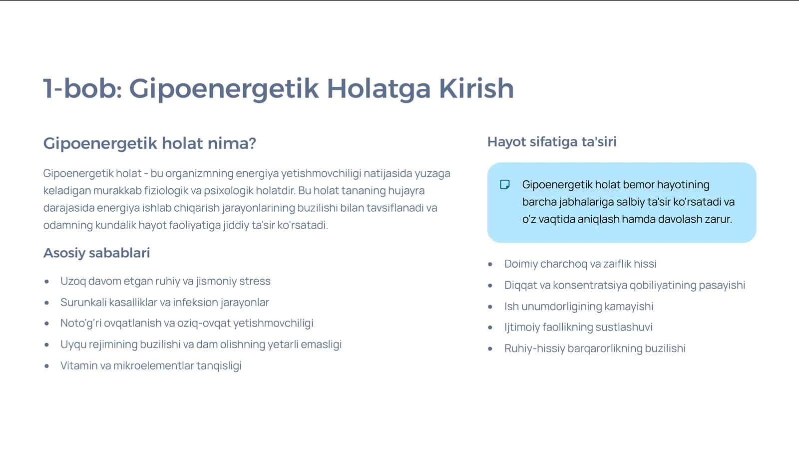 Gipoenergetik Holatlar: Sabablari, Belgilari va Davolash Yondashuvlari 2