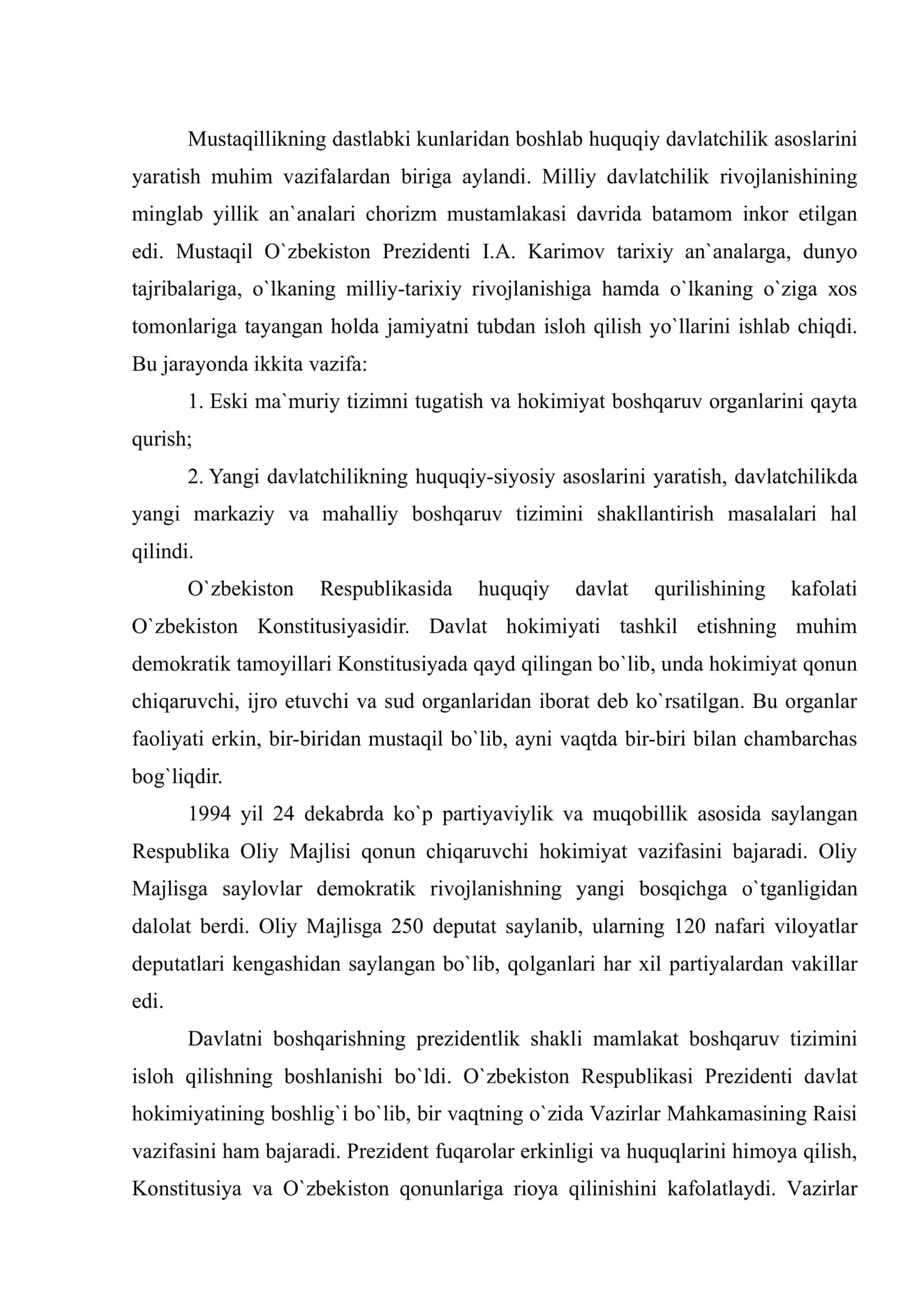 O`zbekistonda davlat mustaqilligining huquqiy asoslarining yaratilishi 2