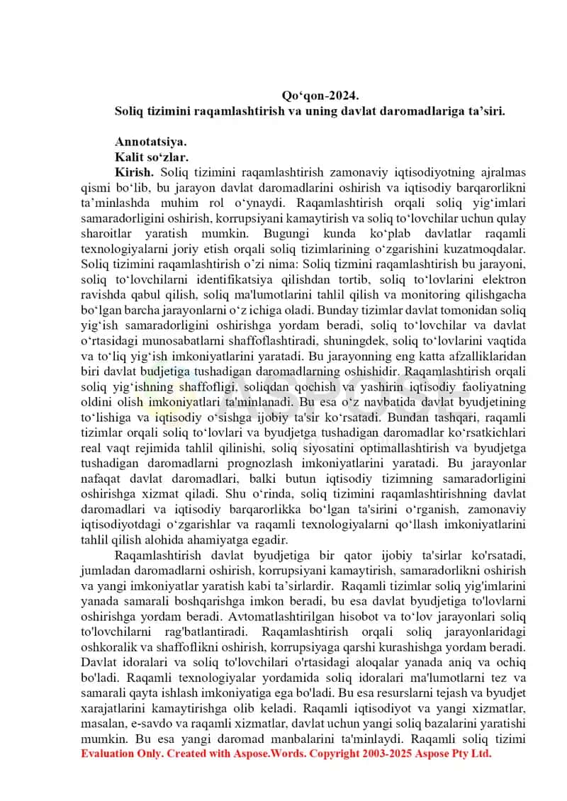 Soliq tizimini raqamlashtirish va uning davlat daromadlariga ta’siri 2
